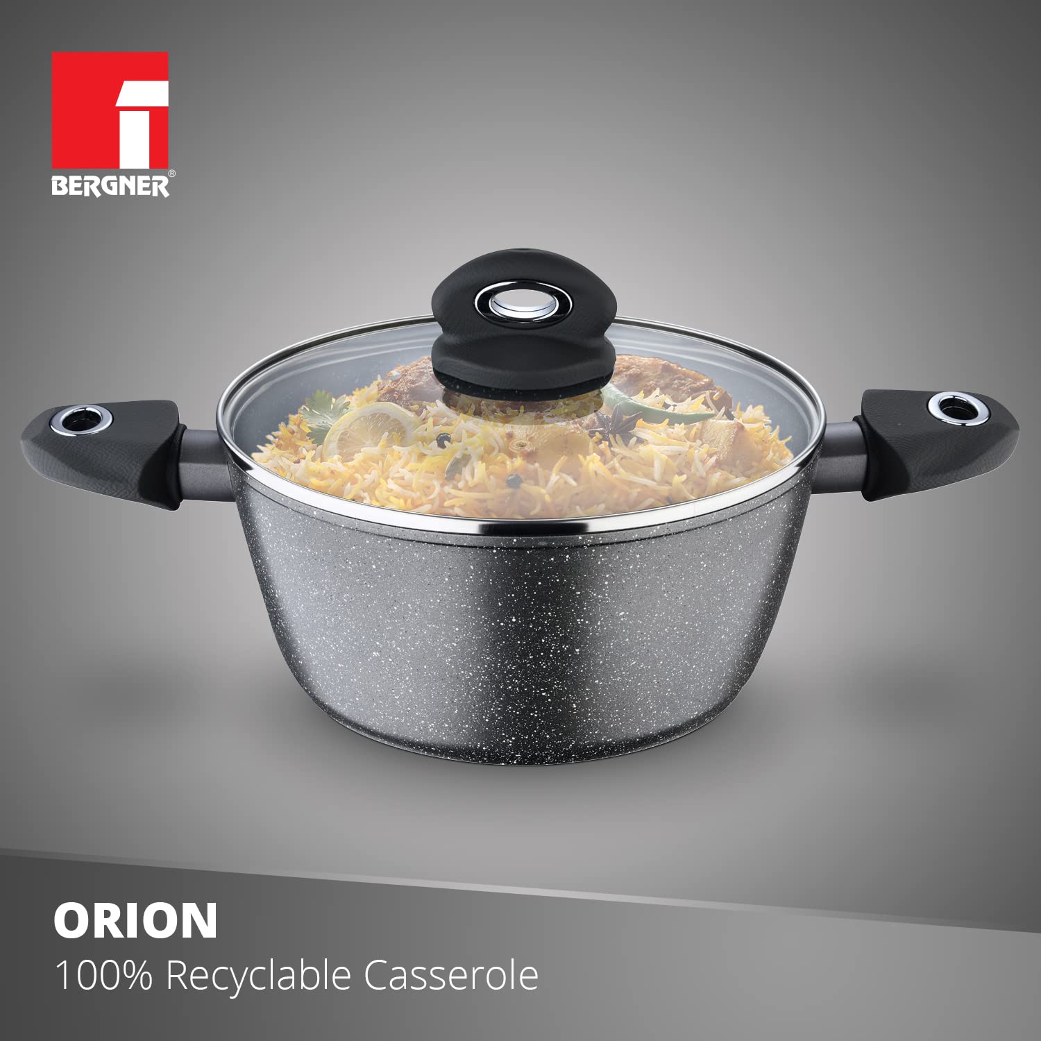 Bergner Orion NonStick 24 cm Casserole/Soup Pot, Glass Lid, 3.9 L Capacity, for Biryani/Pulao, Textured Soft Touch Handles, Granite Finish, Induction Bottom, 1-Year Warranty by Bergner