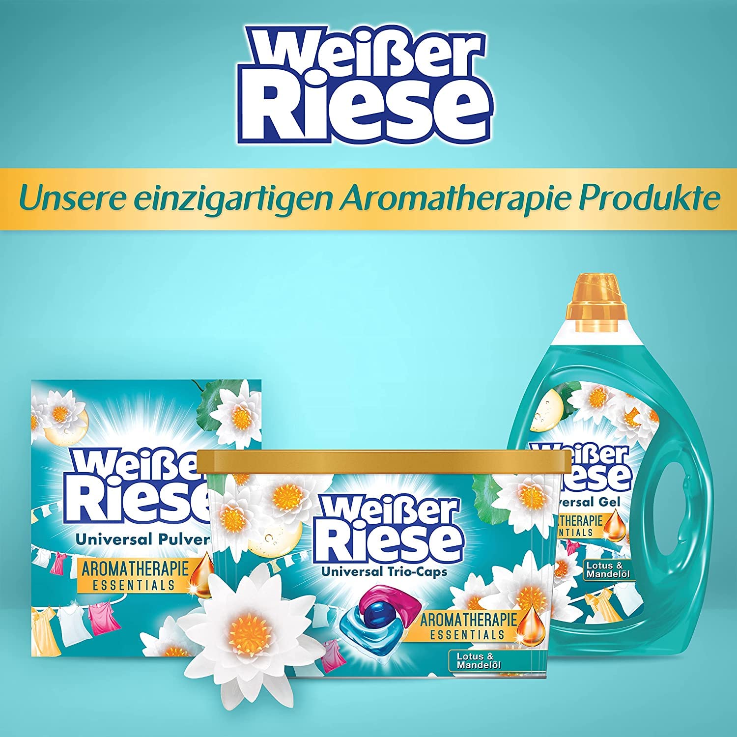 Weißer Riese Universal Trio-Caps Aromatherapie Essentials, Waschmittel mit Lotus und Mandelöl, Vollwaschmittel mit ätherischen Ölen und intensivem Frische-Effekt, 120 Stück (1er Pack)