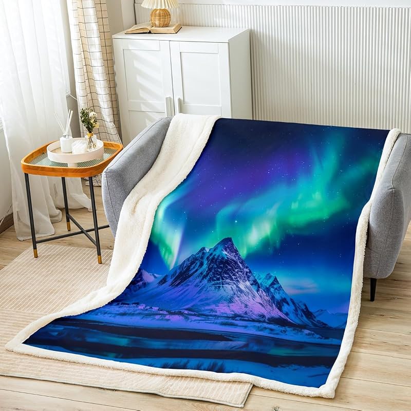 Mountain Landscape Sherpa Blanket Galaxy Aurora Fleece Throw Blanket for Sofa Couch Bed Decor Starry Sky Aurora Plush Blanket Nature Theme Fuzzy Blanket King 87x95 Inch