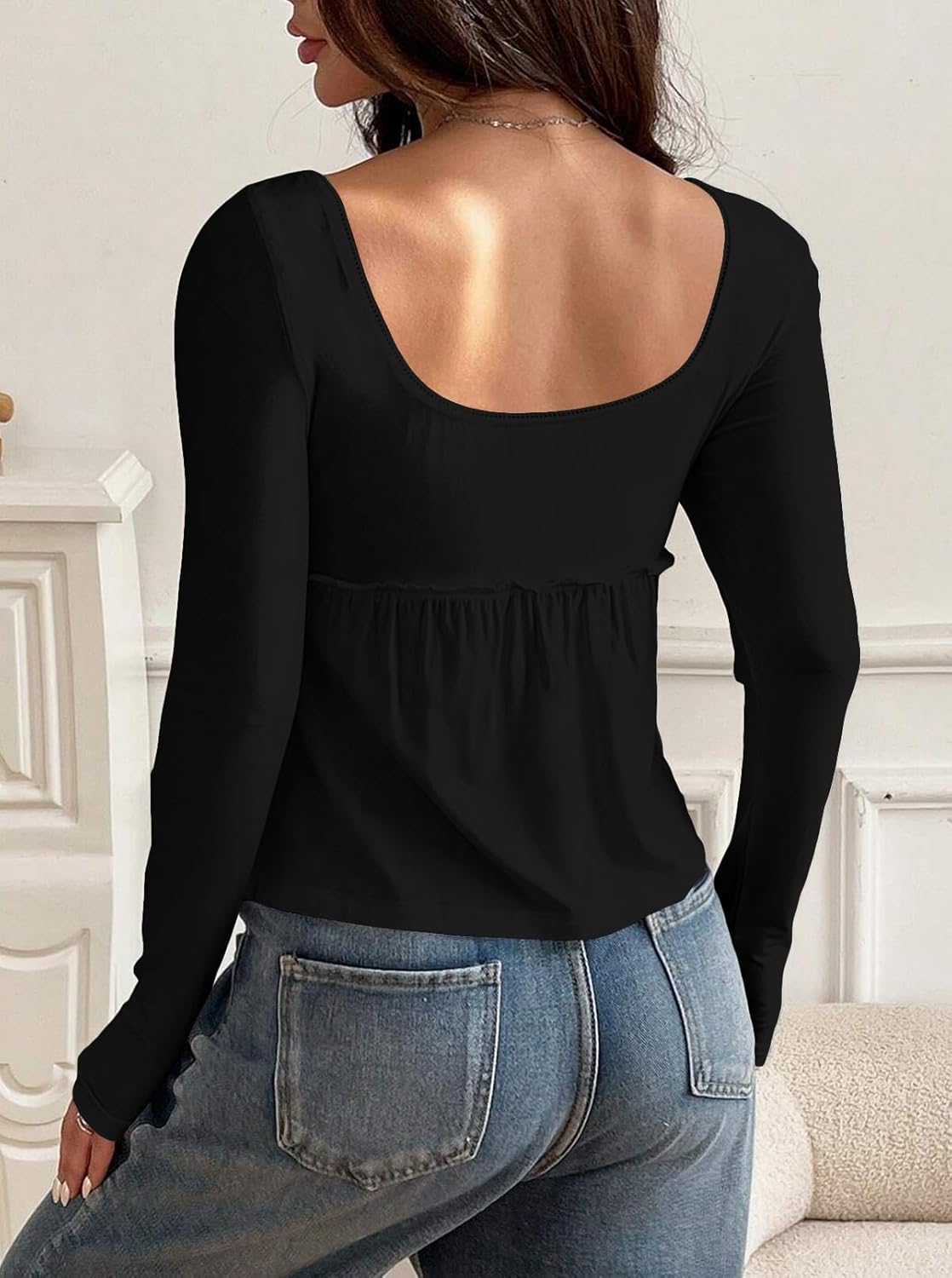 Women Cute Picot Trim Peplum Crop Babydoll Tops Y2k Front Button Down Square Neck Long Sleeve Cropped T Shirts - Image 4