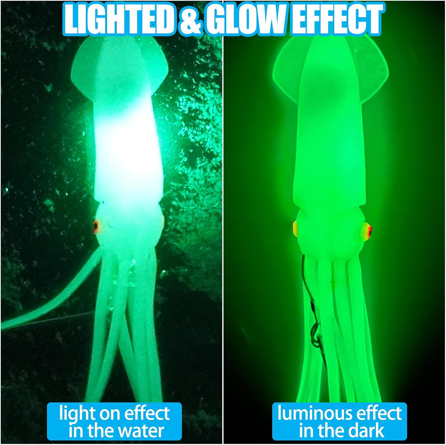 Saltwater Fishing Squid Lures Lighted Glow in the Dark LED Fishing Lures Soft Squid Jig Halibut Lingcod Salmon Trolling Lures Deep Drop Light Flasher Offshore Lures Mackerel Tuna Grouper Striper Lures
