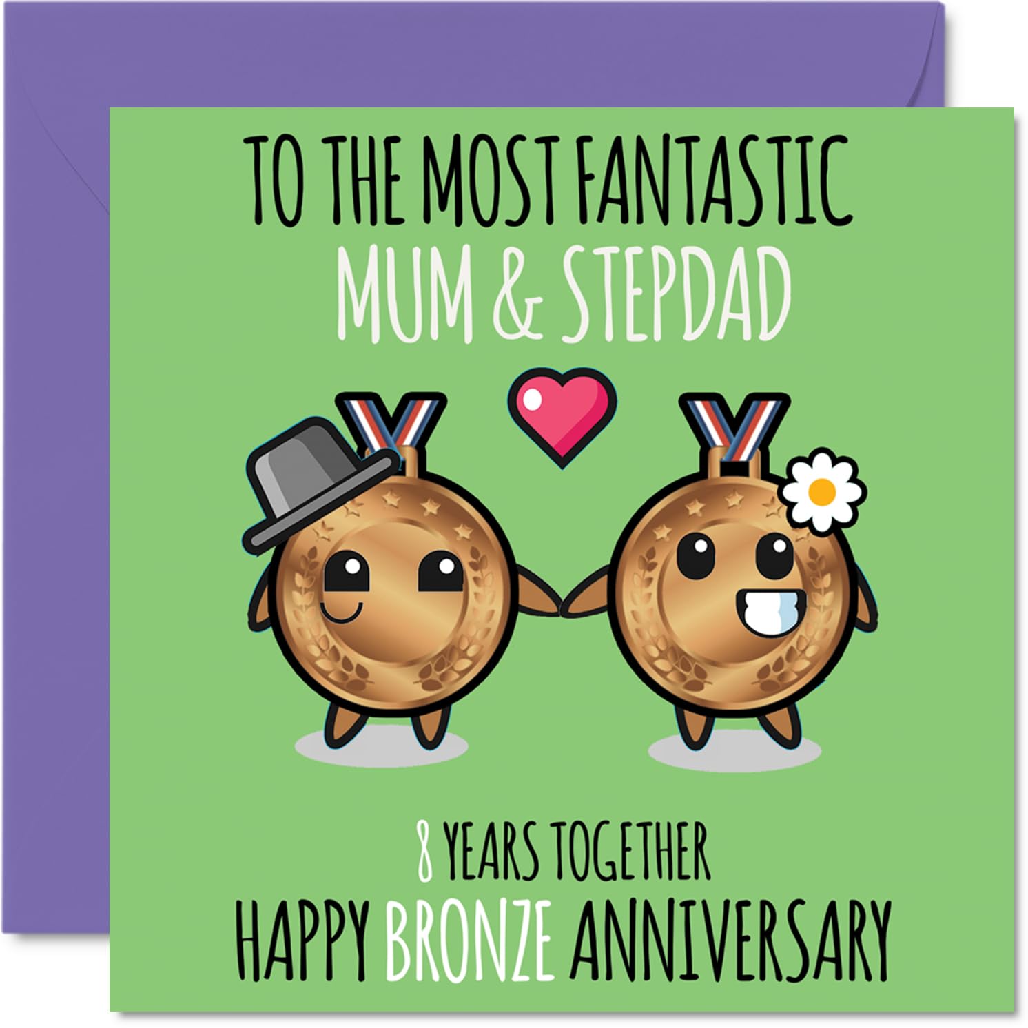 Cute Bronze Anniversary Card for Mum & Step Dad - 8 Years Together - Happy 8th Wedding Anniversary Cards for Step Dad Mum, 145mm Greeting Cards Anniversaries