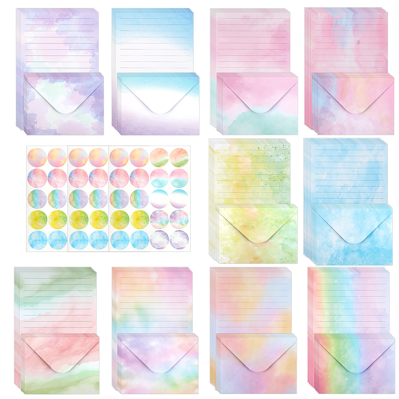 160 PCS Watercolour Letter Writing Set, 50 Lined Writing Paper and 50 Envelopes with 60 Round Stickers, Writing Paper and Envelopes for Letters, Invitations, Valentine’s Day, Birthday and Office Use