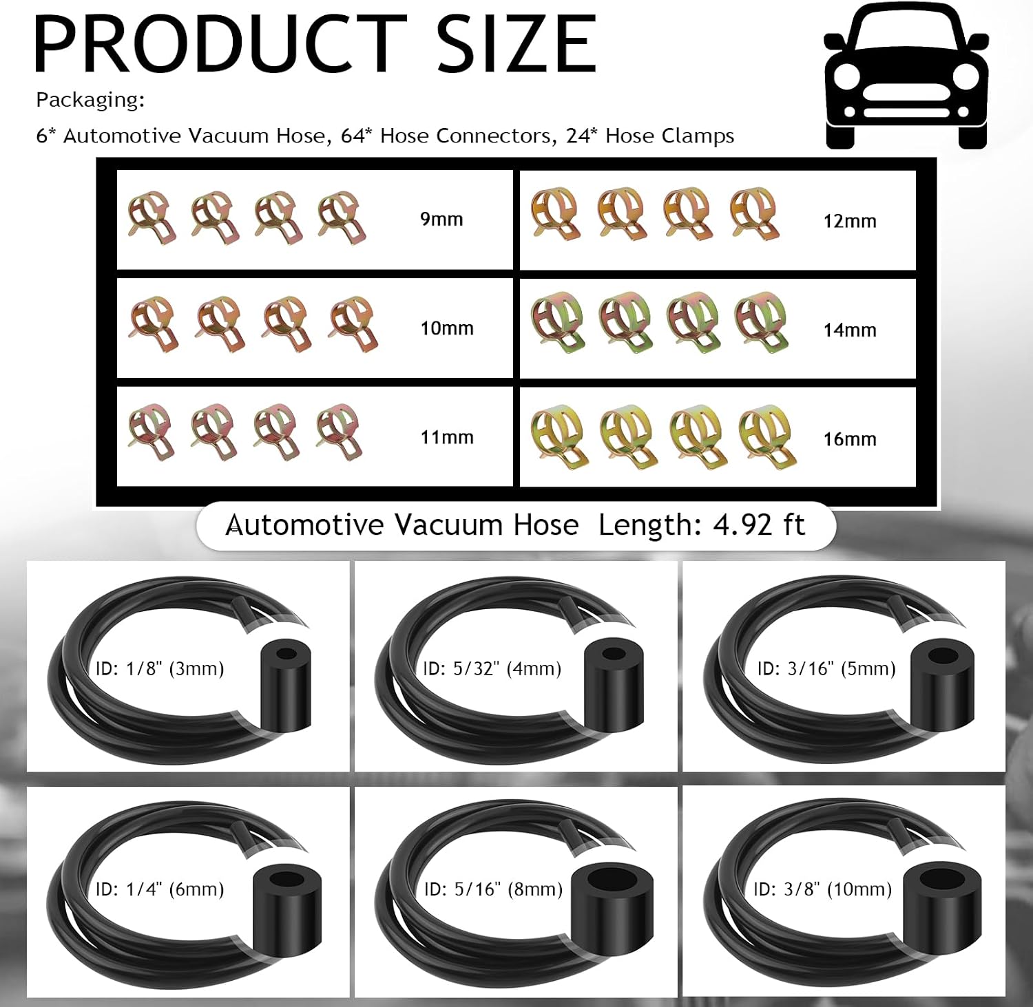 94PCS 5Ft Vacuum Hose Automotive Kit with 6 Sizes 3/8",5/16",1/4",3/16",5/32",1/8",Silicone Vacuum Lines Automotive for Transporting Water/Air,Multipurpose Vacuums Tube for Car,SUV