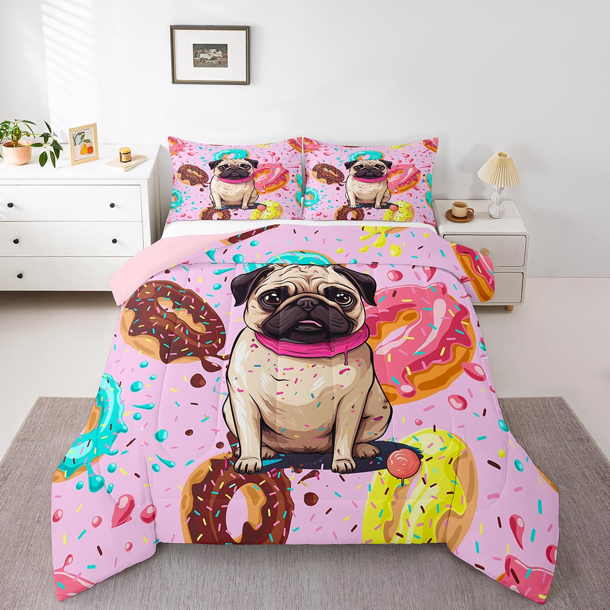 Cute Puppy Comforter Set,Kawaii Pug Dog Multicolor Donut Duvet Insert for  Kids Boys Girls,Sweet Dessert Lovely Pet Animal Theme Bedding Set for