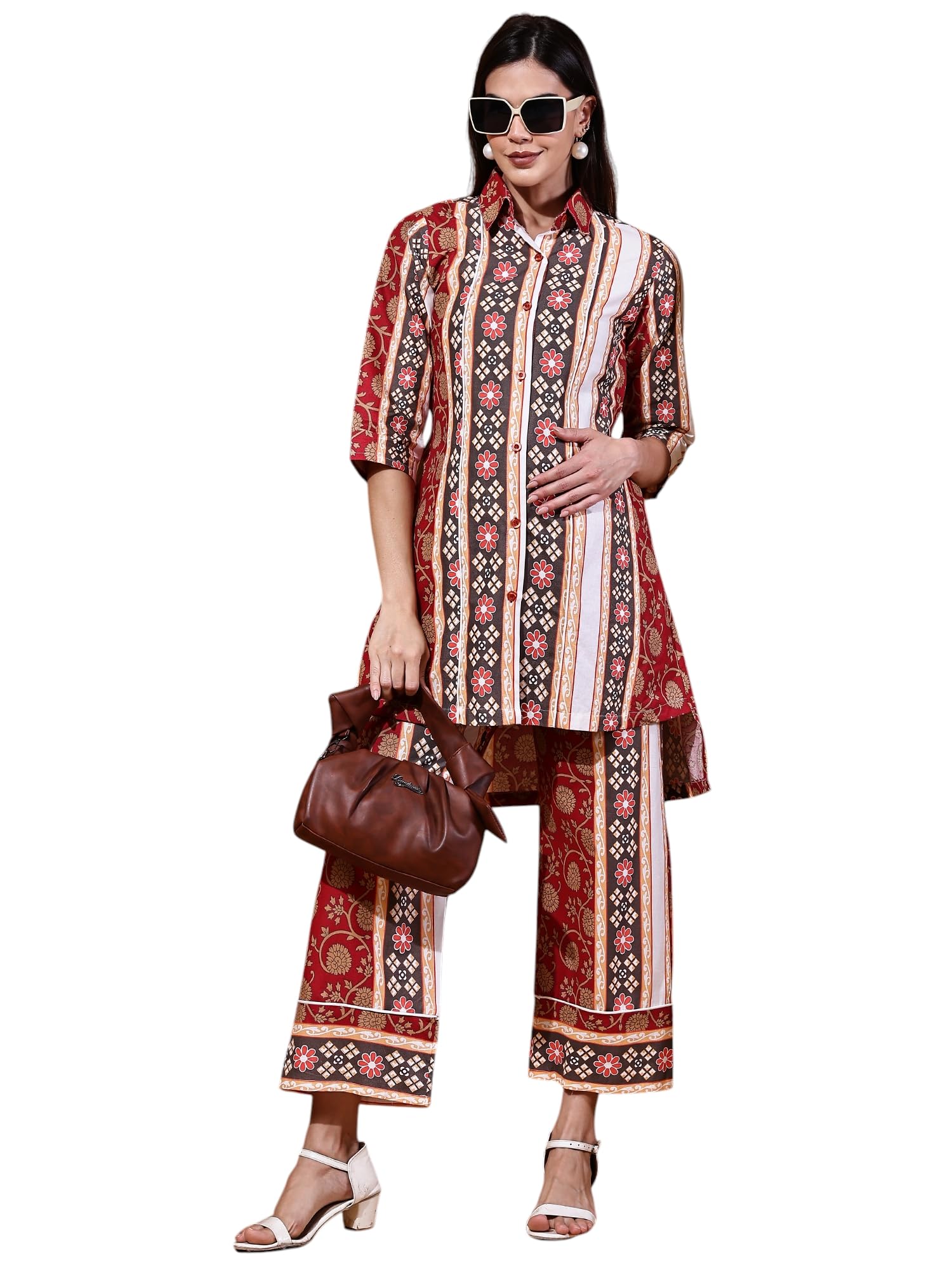 Moms Maternity Women's Floral Print Cotton Maroon Kurta With Bottom Maternity Co-ord Set Dress-image-36