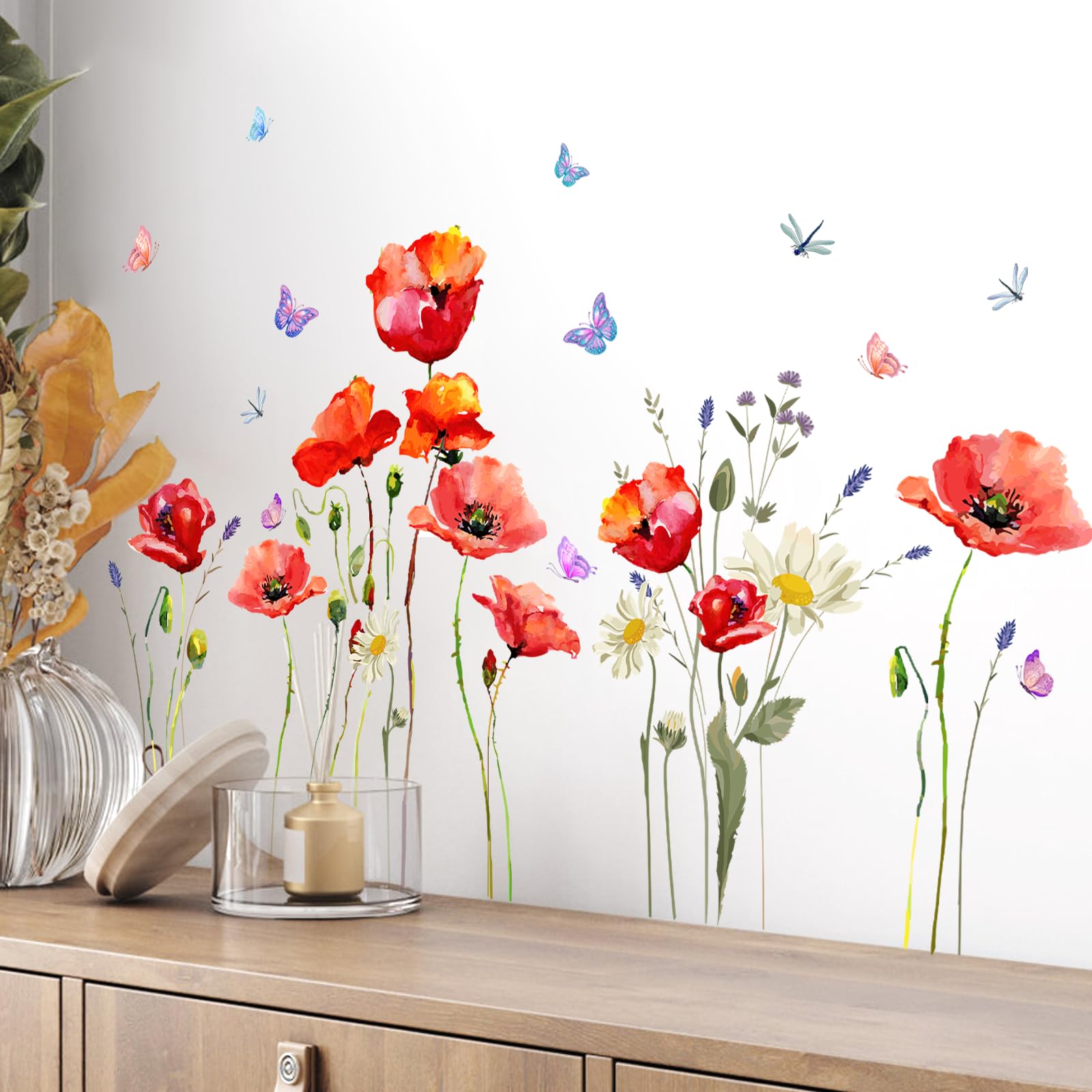 Tanlaby Red Poppy Flowers Wall Stickers Watercolor Floral Butterfly Wall Decals Peel and Stick Art Decor for Girls Bedroom Living Room TV Background