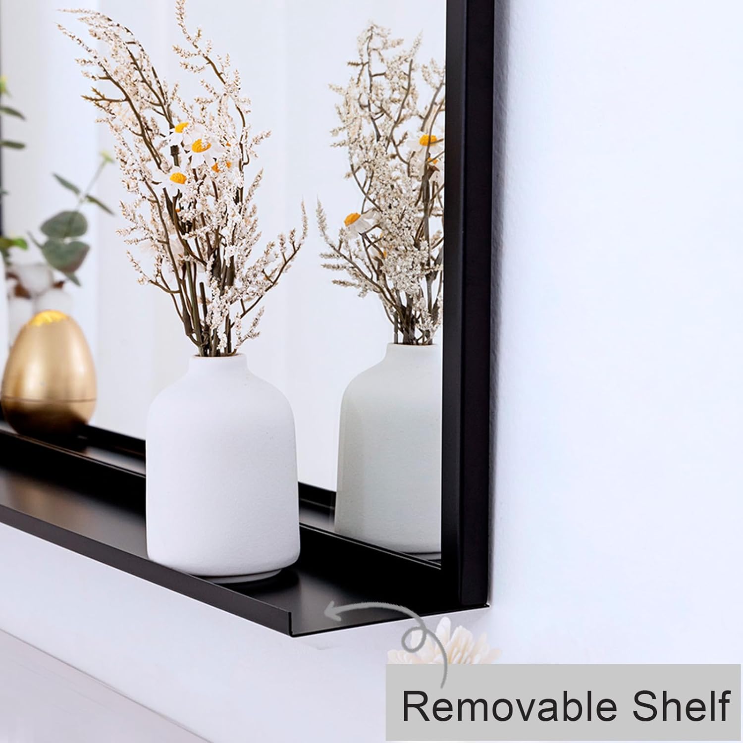 Chende Black Mirror with Shelf, 40'' x 28'' Large Arched Mirror for Fireplace Living Room Decor, Modern Accent Mirror with Metal Frame for Dining Room, Entryway, Bathroom