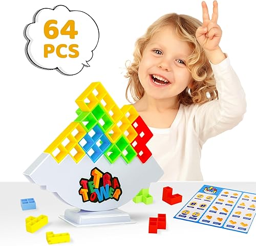 PimeX Juego de 64 piezas de Tetra Tower, juego de mesa de bloques de construcción apilables de equilibrio para niños, adultos, amigos, equipo, aula,