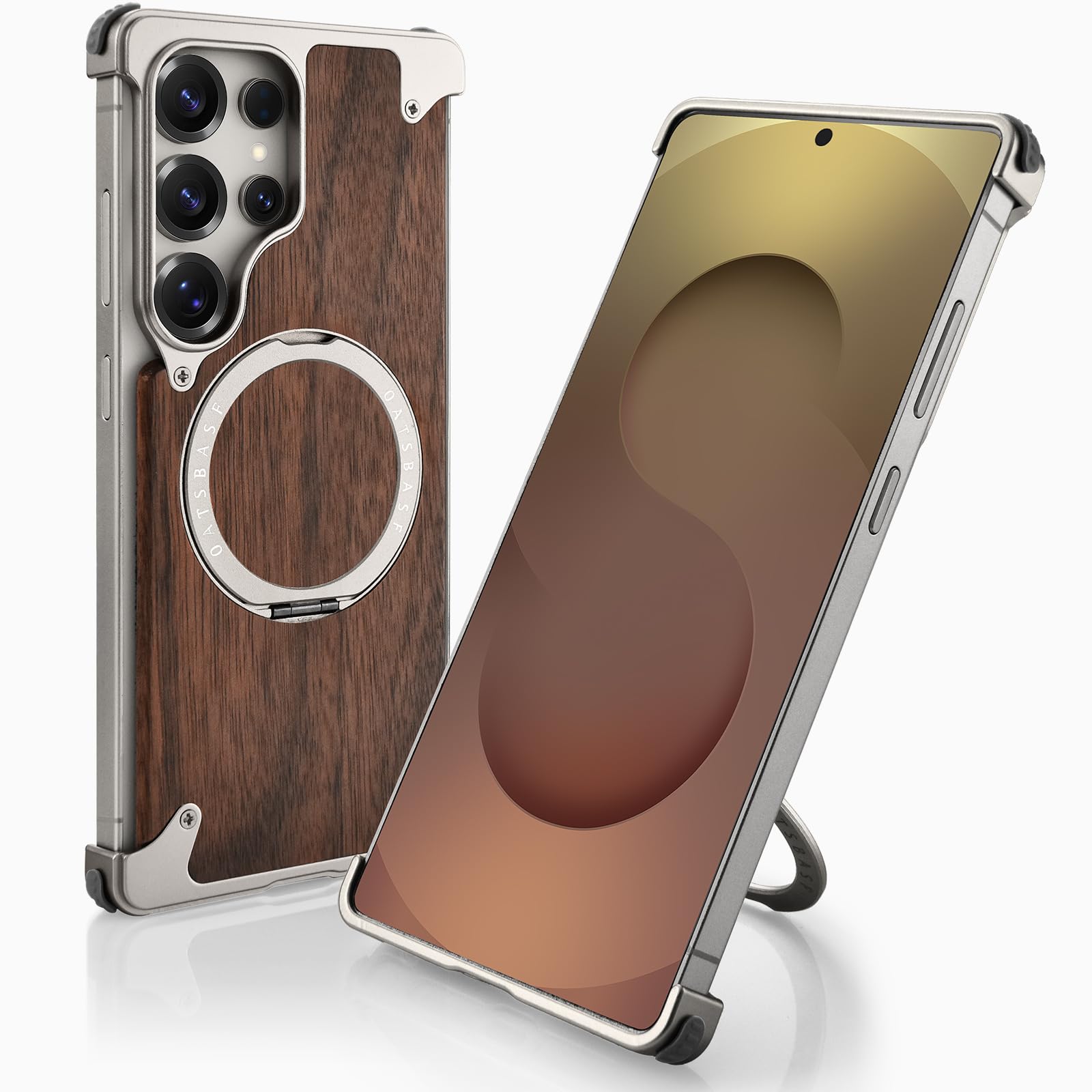 OATSBASF Magnetic Wood Case Compatible with Samsung Galaxy S25 Ultra, [Natural Wood & Aluminum] Shockproof Protective Cover Unique Wooden Case with 360° Ring Stand, Natural Titanium