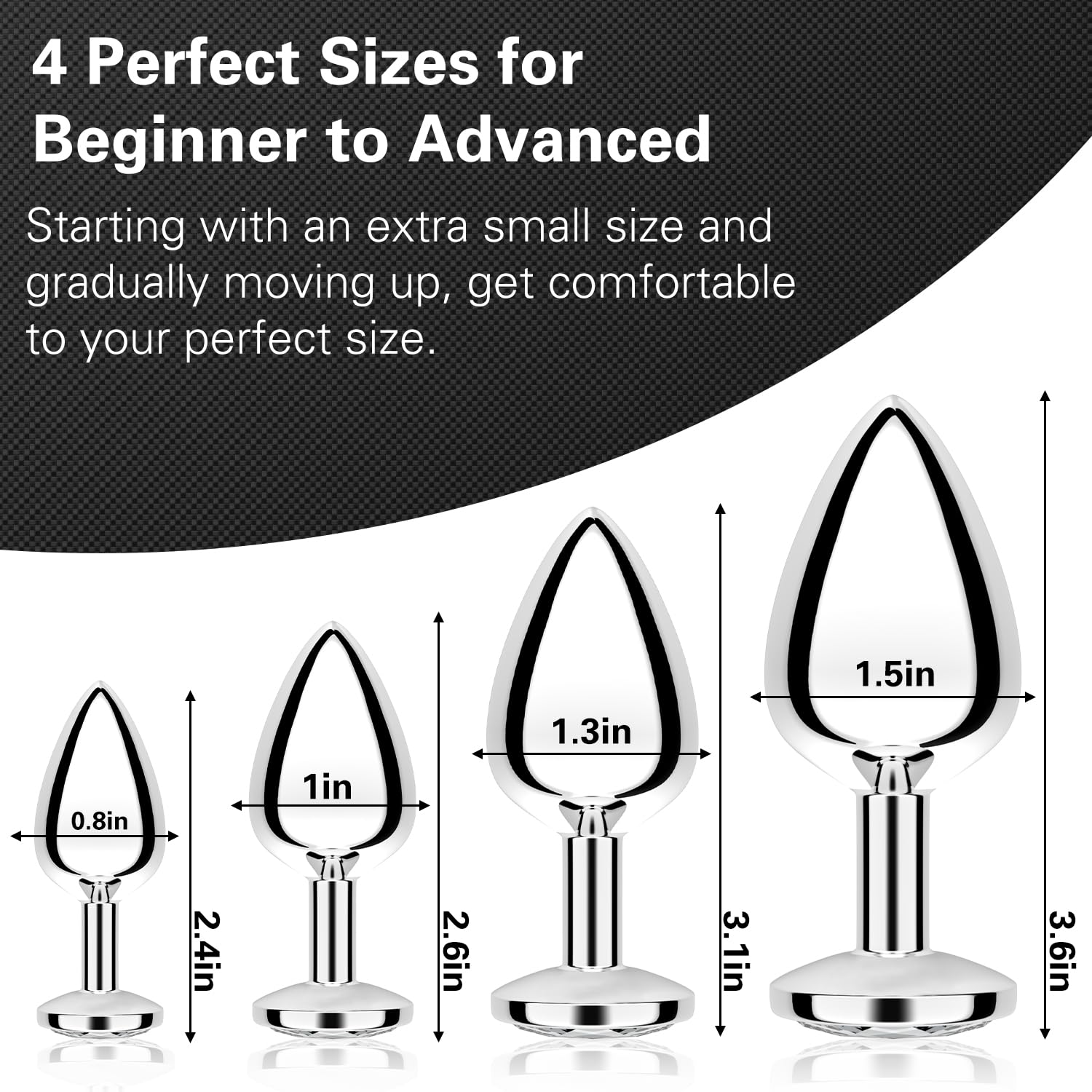 Anal Plug Beginner Set, 4 PCS Stainless Steel Butt Plug Training Kit with Jewel Base, Metal Anal Plugs for Gradual Training, Wide Base for Safety & Secure Fit for Women & Men Couples: White