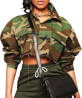 Sexyshine Womens Cropped Camo Jacket Long Sleeve Lapel Camouflage Short Coat Y2K Army Fatigue Cargo Outerwear