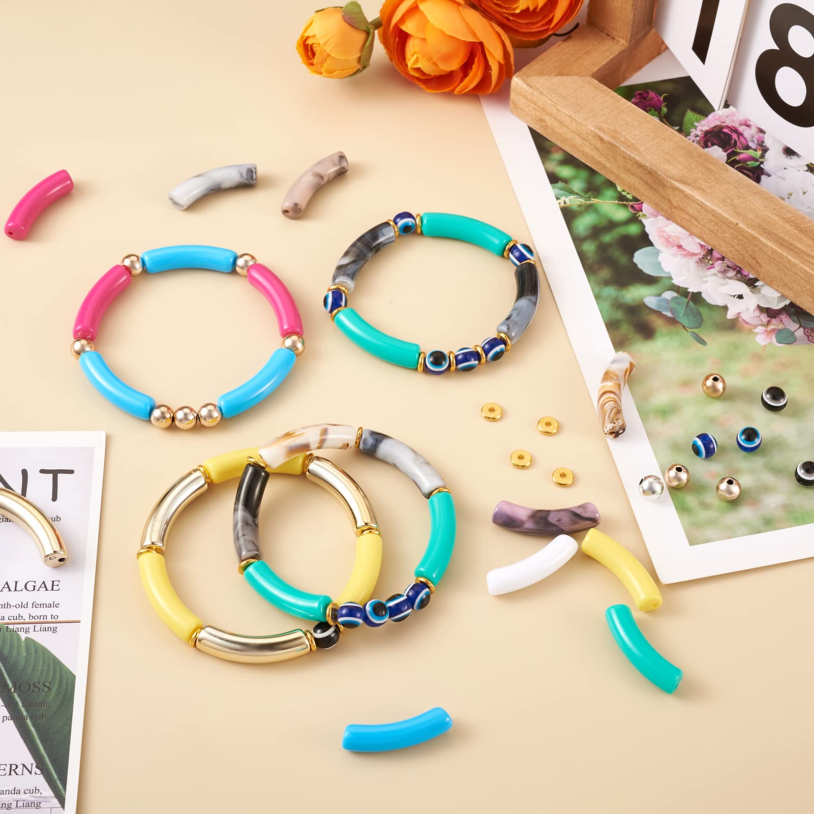 Pandahall 200Pcs Curved Tube Beads for Bracelets Making Acrylic Bamboo Tube Noodle Beads Evil Eye Resin Beads Brass Spacer Elastic Strings Jewelry Accessories - Image 4