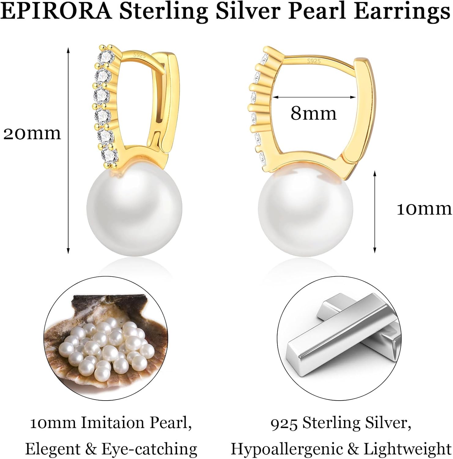 EPIRORA Sterling Silver Pearl Hoop Earrings for Women, Cubic Zirconia Huggie Earrings Jewelry Wedding Prom Birthday Gifts - Image 7