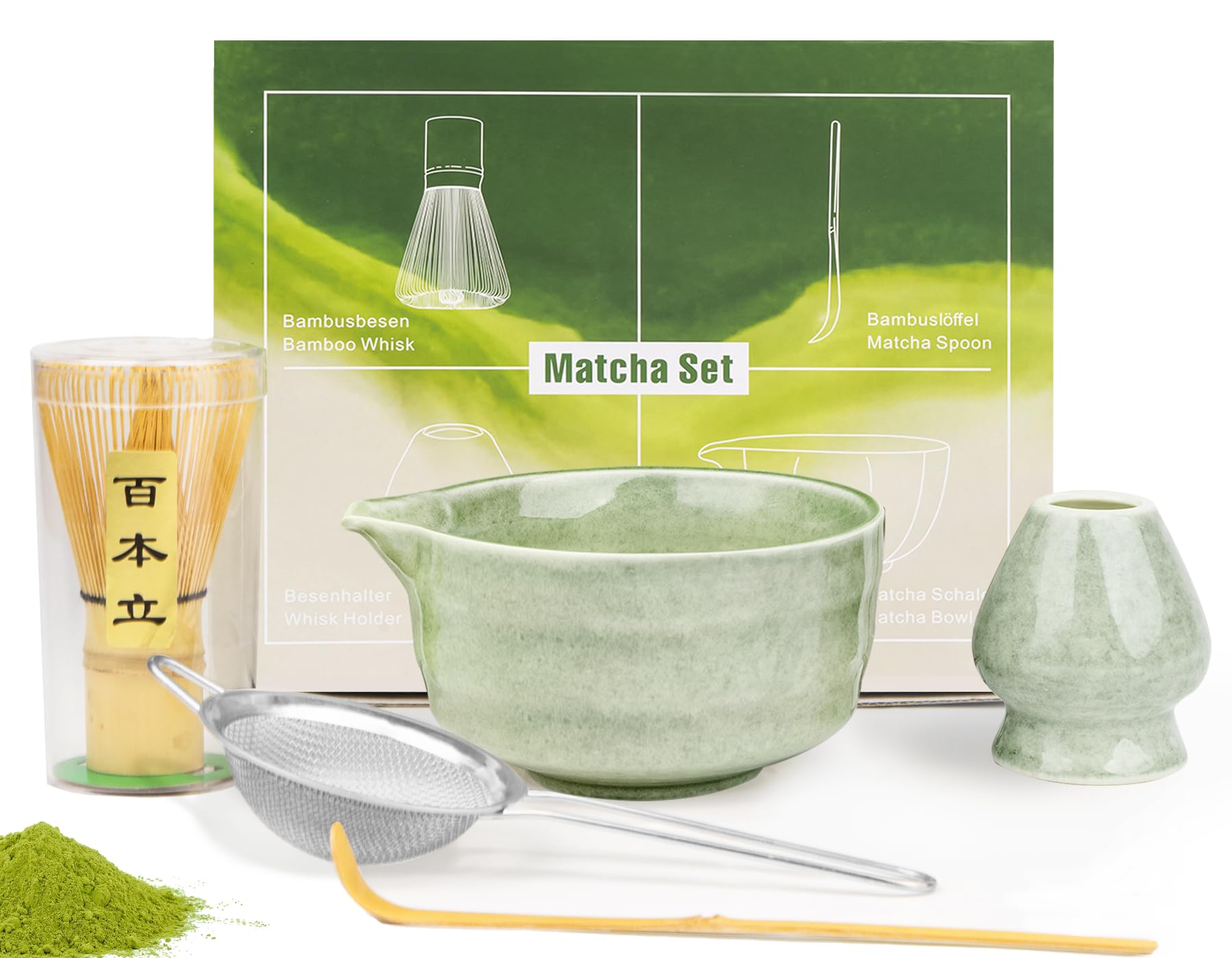 5 Pcs Matcha Whisk Set,Green Ceramic Matcha Set,Matcha Kit Includes Matcha Bowl with Pouring Spout, Matcha Whisk (Chasen) and Holder,Sifter,Bamboo Scoop - Gifts for Matcha Beginners and Lovers,Women