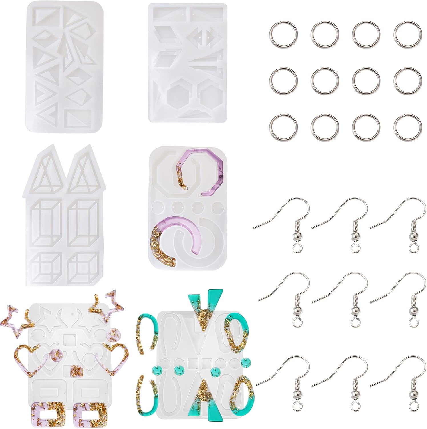 Craftdady 6pcs Earring Pendant Resin Silicone Mold Geometric Triangle Rectangle Heart Star Epoxy Resin Mold with Earring Hooks for DIY Resin Jewelry Dangle Earring Making