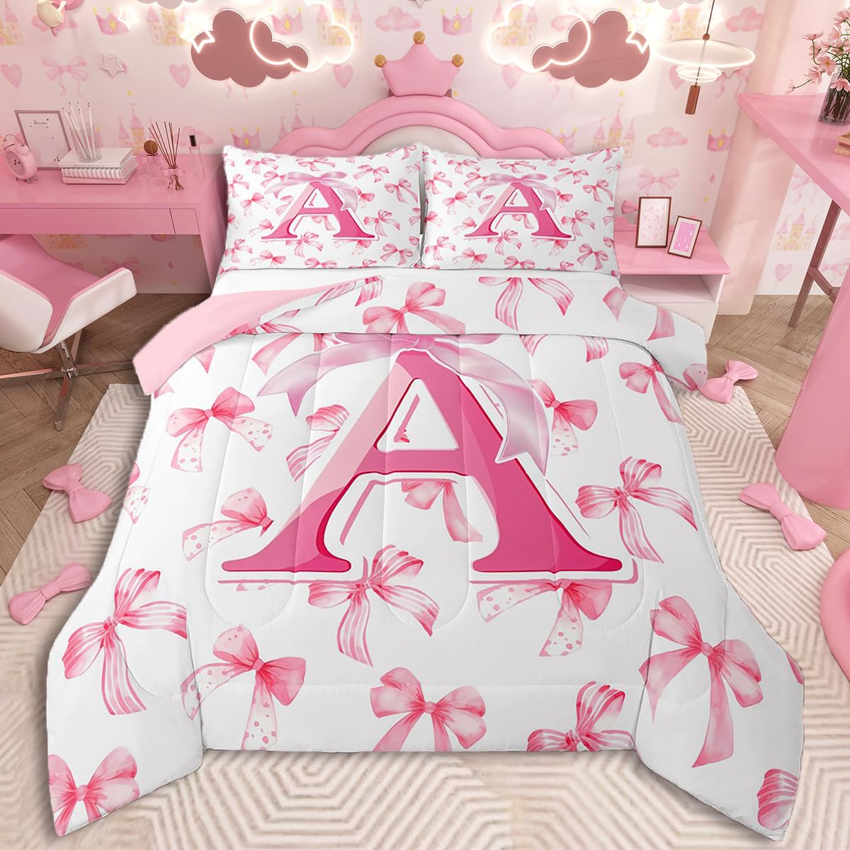jejeloiu Kids Girls Cute Pink Bow Comforter Set Queen Size Monogrammed Bedding Set Ultra Soft Personalized Initial A Duvet Quilt Coquette Bow Knot