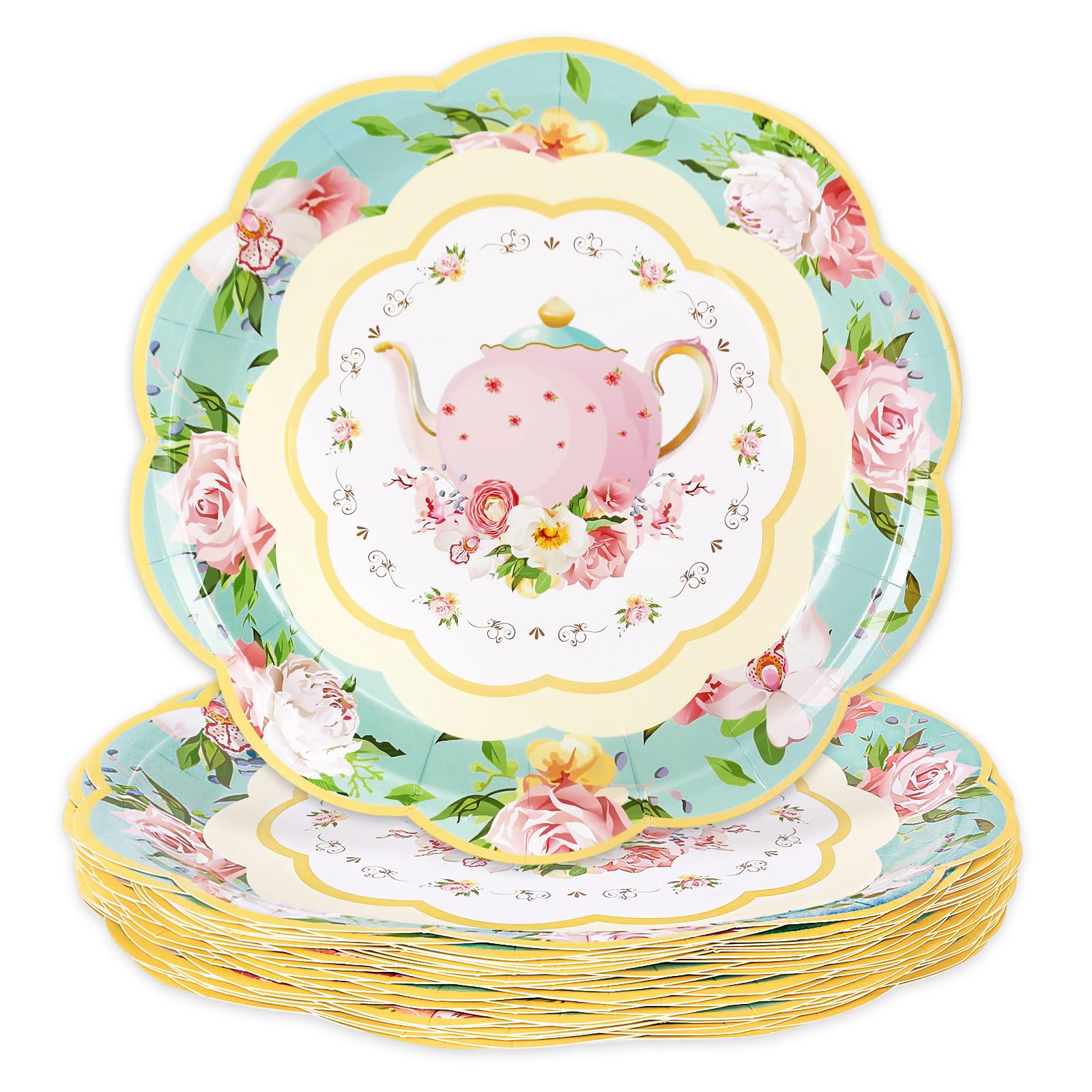Whaline Floral Vintage Paper Plates 9 Inch Tea Party Plates Teapot Flower Disposable Plates for Spring Summer Birthday Wedding Baby Bride Shower