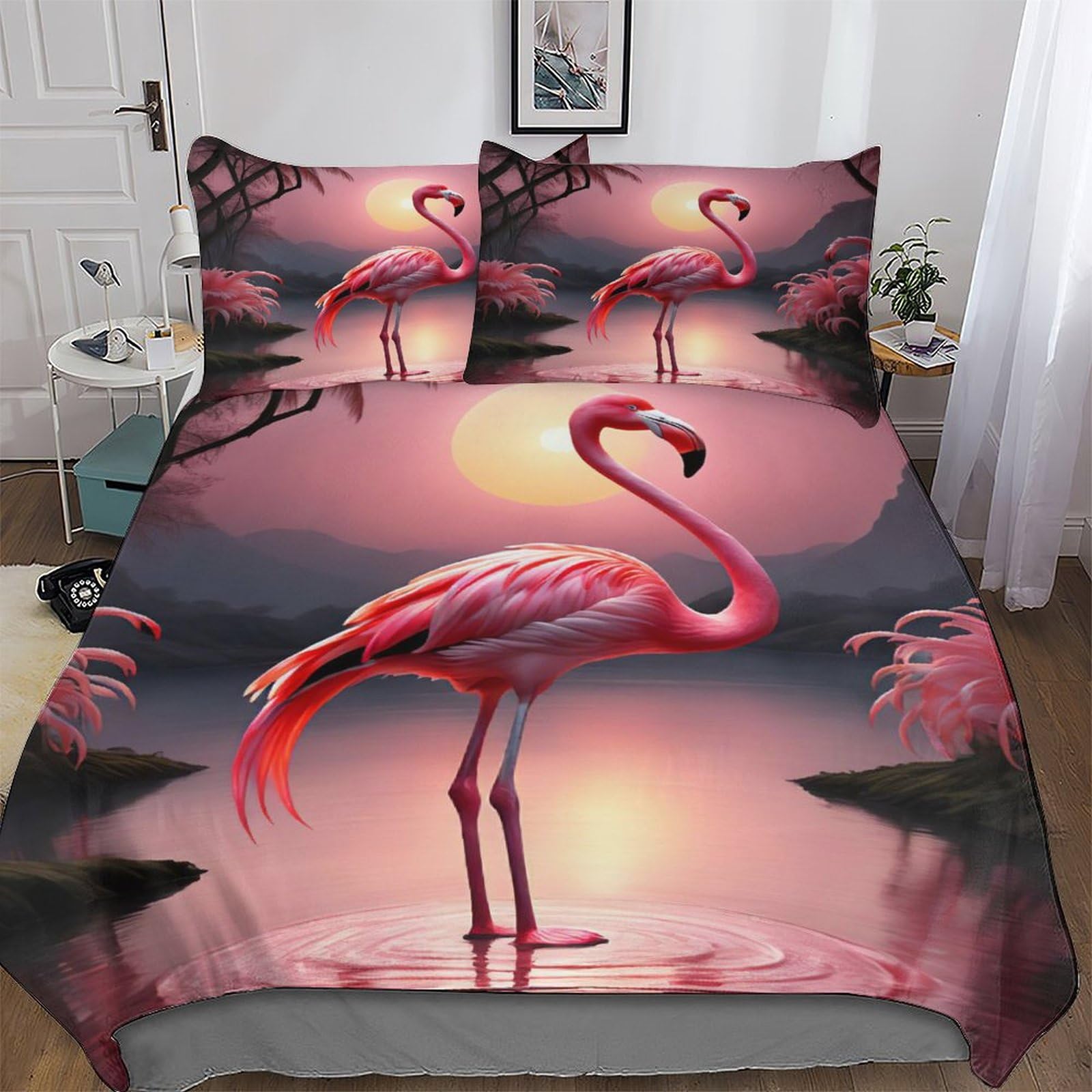 Flamingo Bedding Quilt Cover 2 Pieces Sets Soft Duvet Cover Comfortable Duvet Cover with Pillowcases For Boys Girls Single(135x200cm)