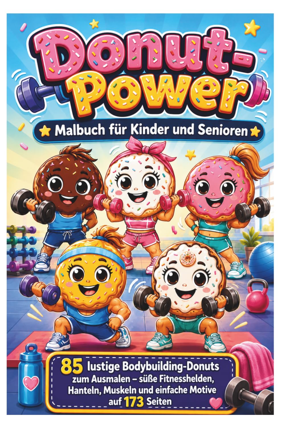 Donut-Power Malbuch für Kinder und Senioren: 85 lustige Bodybuilding-Donuts zum Ausmalen – süße Fitnesshelden, Hanteln, Muskeln und einfache Motive auf 173 Seiten