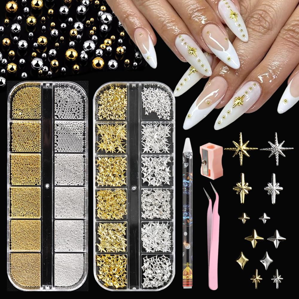 3D Star Nail Charms, Gold & Silver Mixed Styles Metallic Studs Rhinestones Stars and Mixed Sizes Mini Metal Caviar Beads, Nail Jewelry Decorations Manicure Supplies with Tweezers and Pick-up Pencil