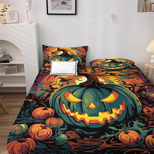 Miniatura 105 de Sábanas de Halloween tamaño individual – Juego de sábanas espeluznantes de calabaza murciélago para niños y niñas, juego de sábanas temáticas