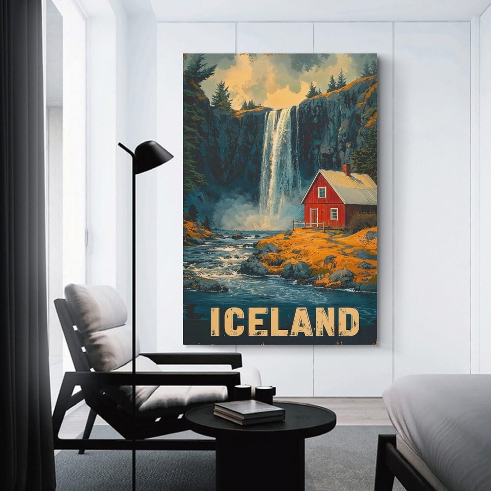 Junmoney Unframe-Style-9 Canvas Wall Art Iceland Waterfall Cabin, 20X30inch(50X75cm), For Lounge Decor, Bedroom Walls Or Flats, Eye Catching Artwork For Blank Walls