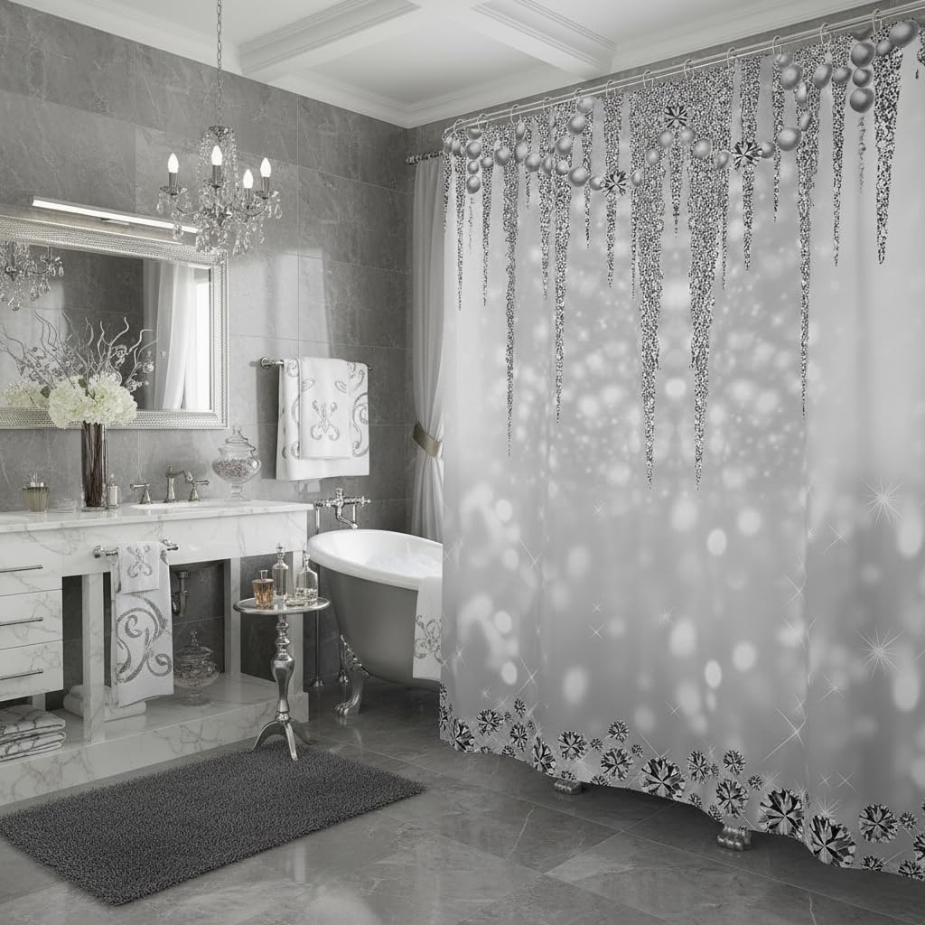 Castle Fairy Grey Glitter Print Bathroom Shower Curtain Diamond Pearls Silver for Kids Teens Girls Men Room Decor,Luxury Sparkling Jewelry Waterproof Starlight Galaxy Bath, 12 Hooks, 72" Wx78 L image 4