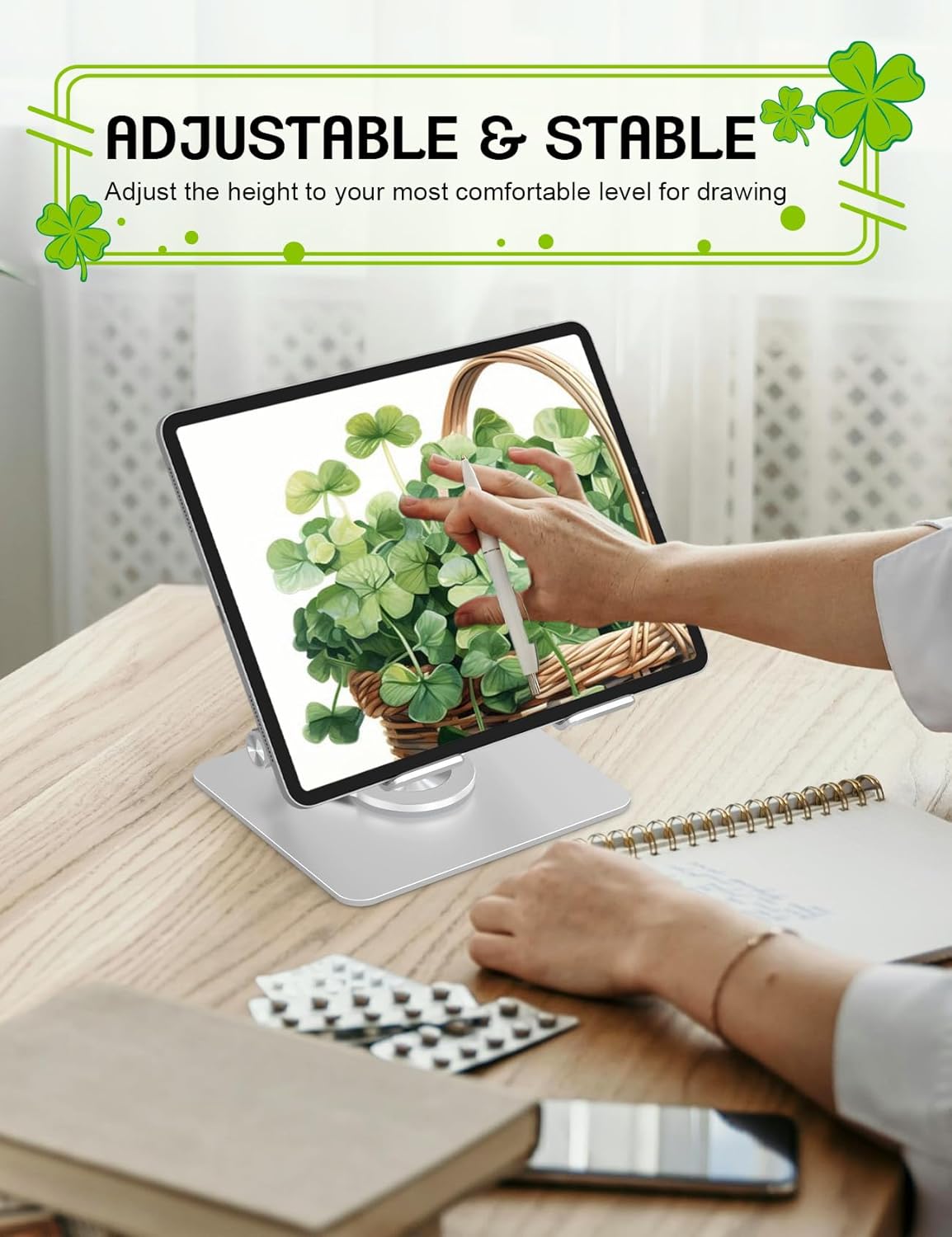 Tablet Stand for iPad,360° Rotating Desktop Holder - Aluminum Adjustable & Foldable Desk Holder for iPad Pro 12.9/11,Air 10.9,Samsung Tab S9,Portable Home/Office,Gift for Mom,Teens,Silver image 5 of 8 B0DX6ZGJJ7