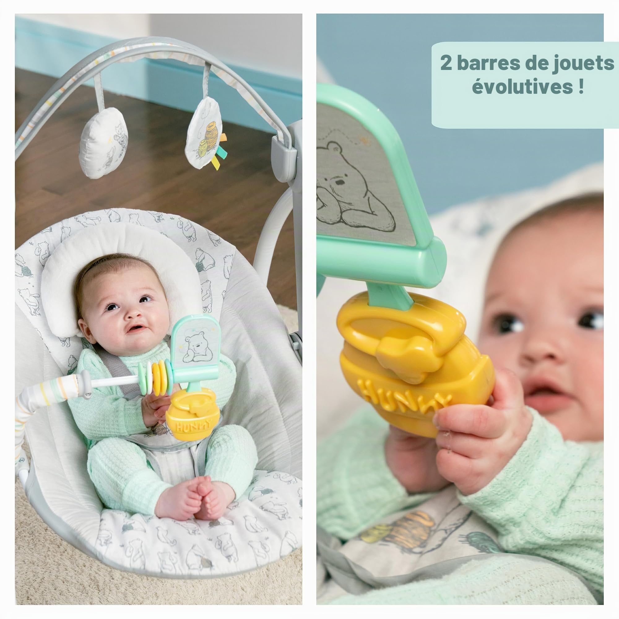 Disney Baby Balancelle Bébé Winnie l'Ourson par Bright Starts, 6 Vitesses de Balancement et Minuterie, Pliable, Barre à Jouets Amovible, Unisexe, Nouveau-né - 9 kg
