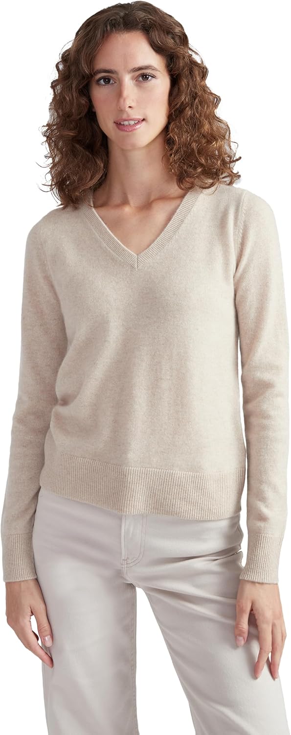 Style Republic Women's 100% Cashmere V-Neck Sweater, Regular Fit, Premium Knit Jumper for Autumn and Winter, Sand, Size Medium, M