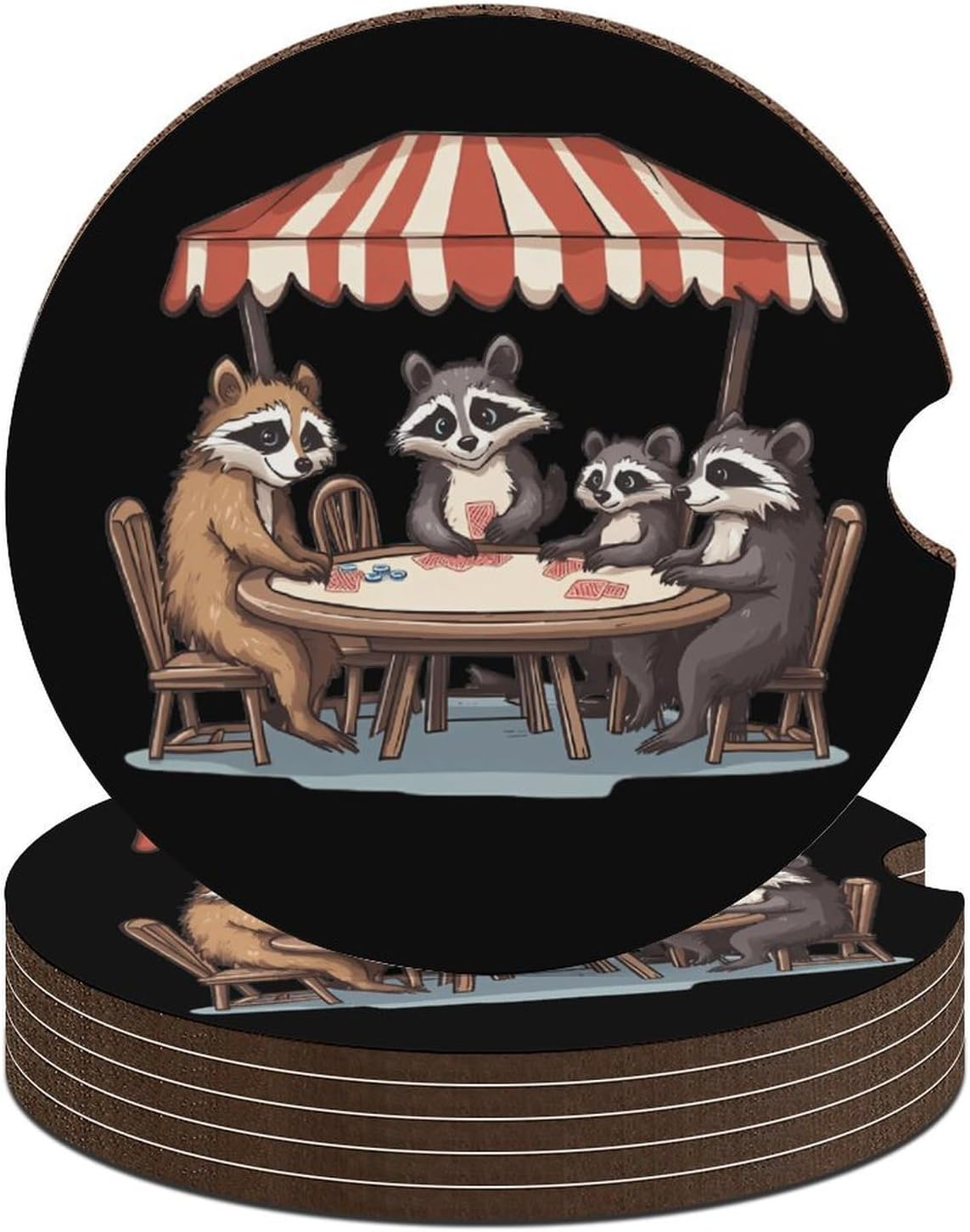 Raccoons Animal Poker Cute Car Coasters 2.56 Inch Absorbent Cup Holder for Drinks Auto Interior Accessories