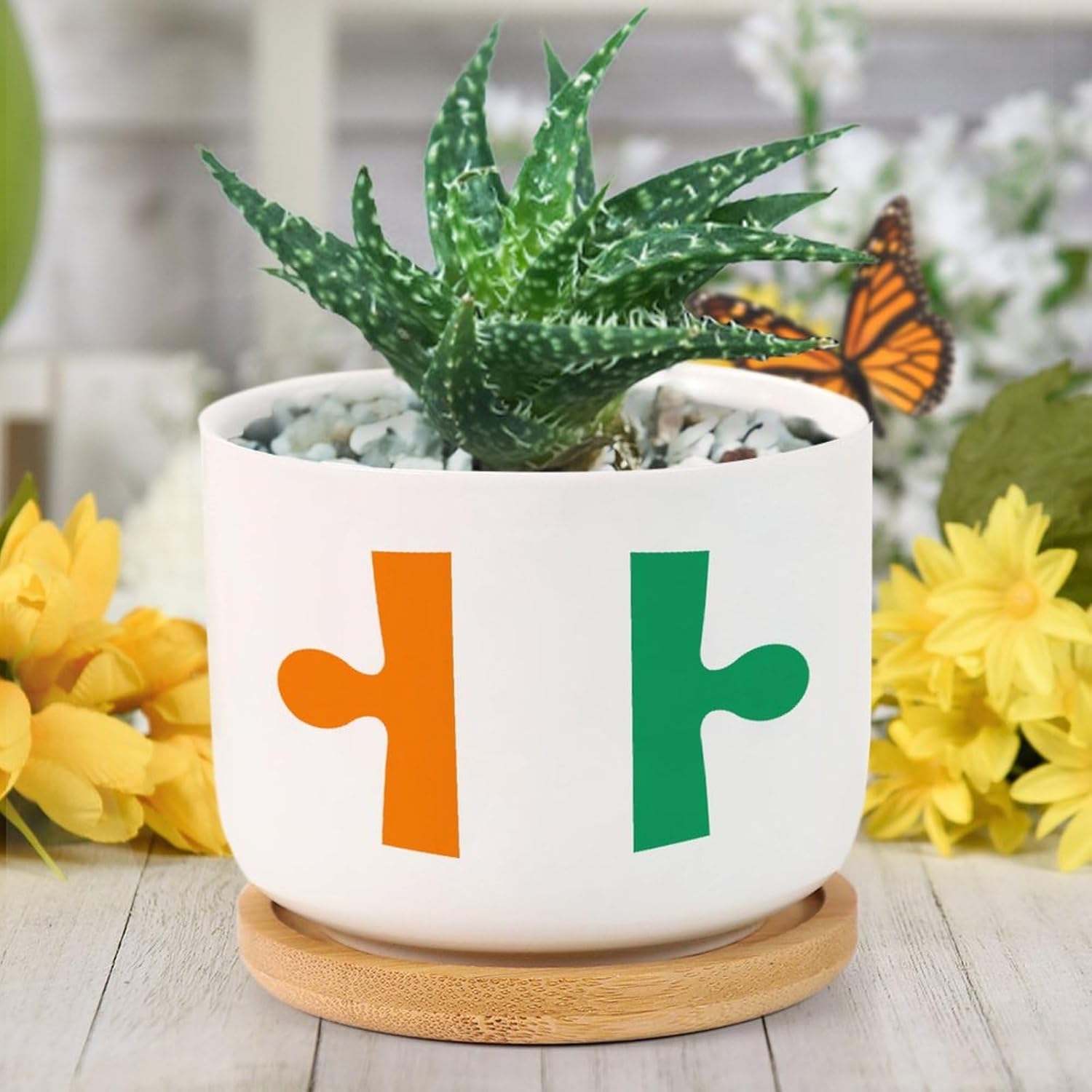 Cote D'Ivoire Flag Puzzle with Heart Ceramic Planters Festival Flags Snake Plant Live Indoor with Pot with Drainage Holes and Saucers Pot for Home Desktop Office Windowsill