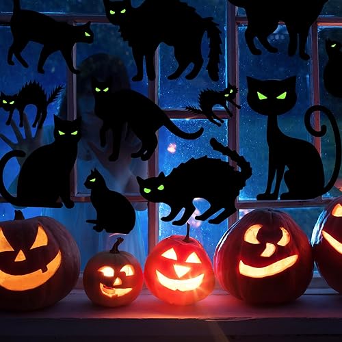 Miniatura 7 de Whaline 9 hojas de Halloween con diseño de gato negro para ventana, silueta espeluznante, calcomanías decorativas de ventana de doble cara,