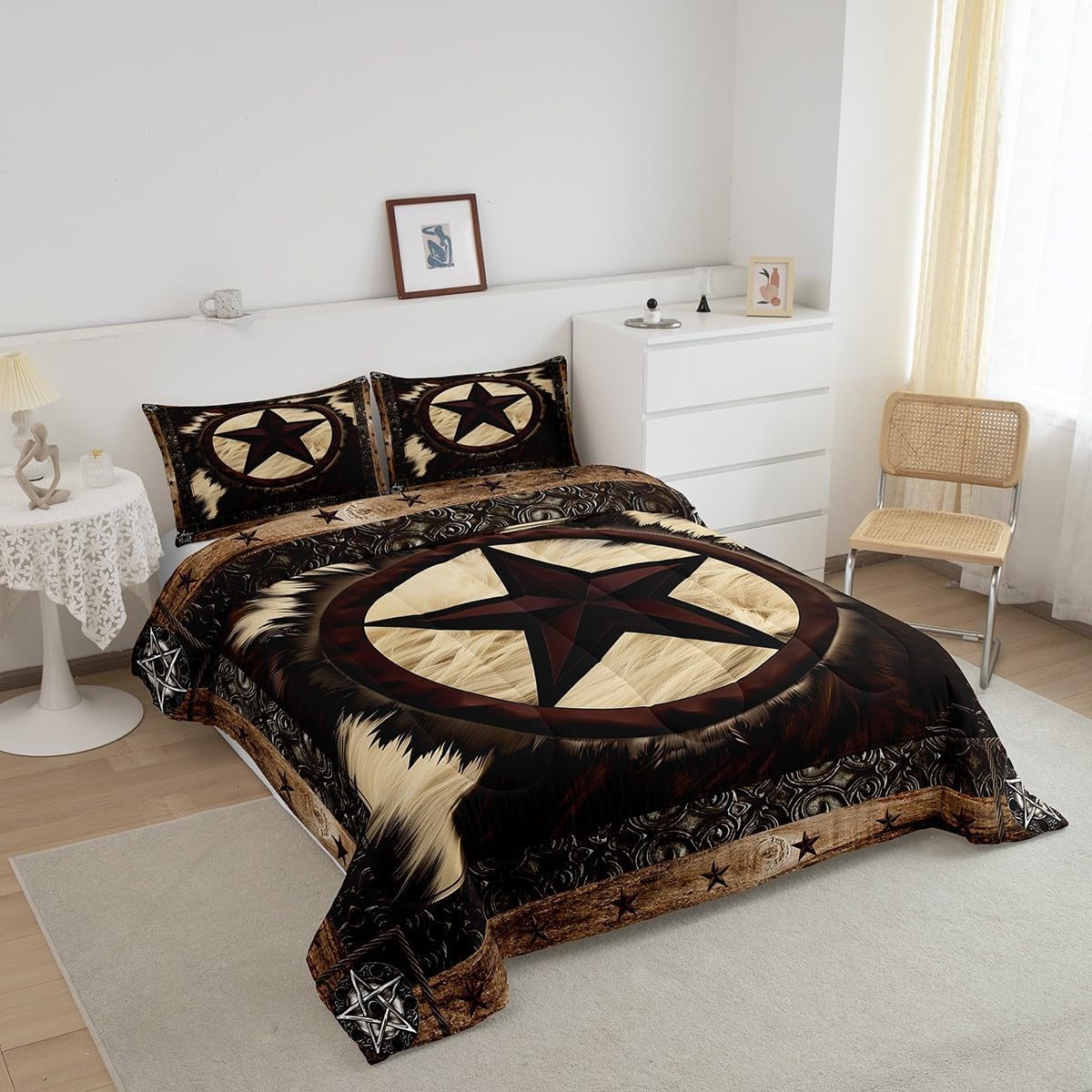 Rustic Cow Print Bedding Sets Queen,Vintage Western Texas Star Comforter Set for Women Men,Cowhide Bull Cattle Fur Duvet Insert Home Room Decor,Farm Animal Down Comforter with 2 Pillow Shams Warm