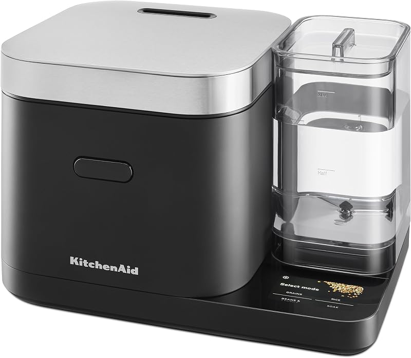 KitchenAid 8 Cup Grain and Rice Cooker, Integrated Scale, Black Matte | Automatically Sensing Grain-to-Liquid Ratio, Removable Steamer Basket, Water tank, 21 Preset Cooking Options, Model KGC3155BM