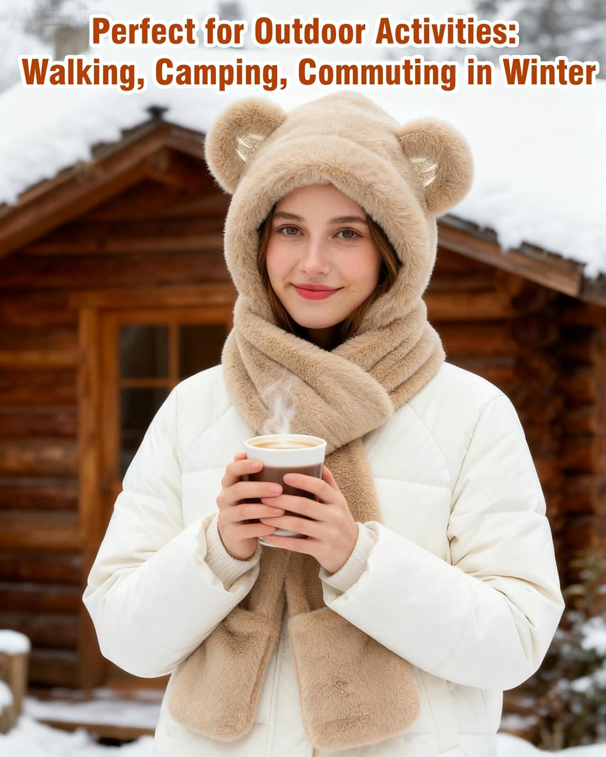 Hooded Scarf for Women Winter - Warm Hooded Scarf - 3 in 1Cute Bear Hat Scarfs Set Warm Hat - Image 5