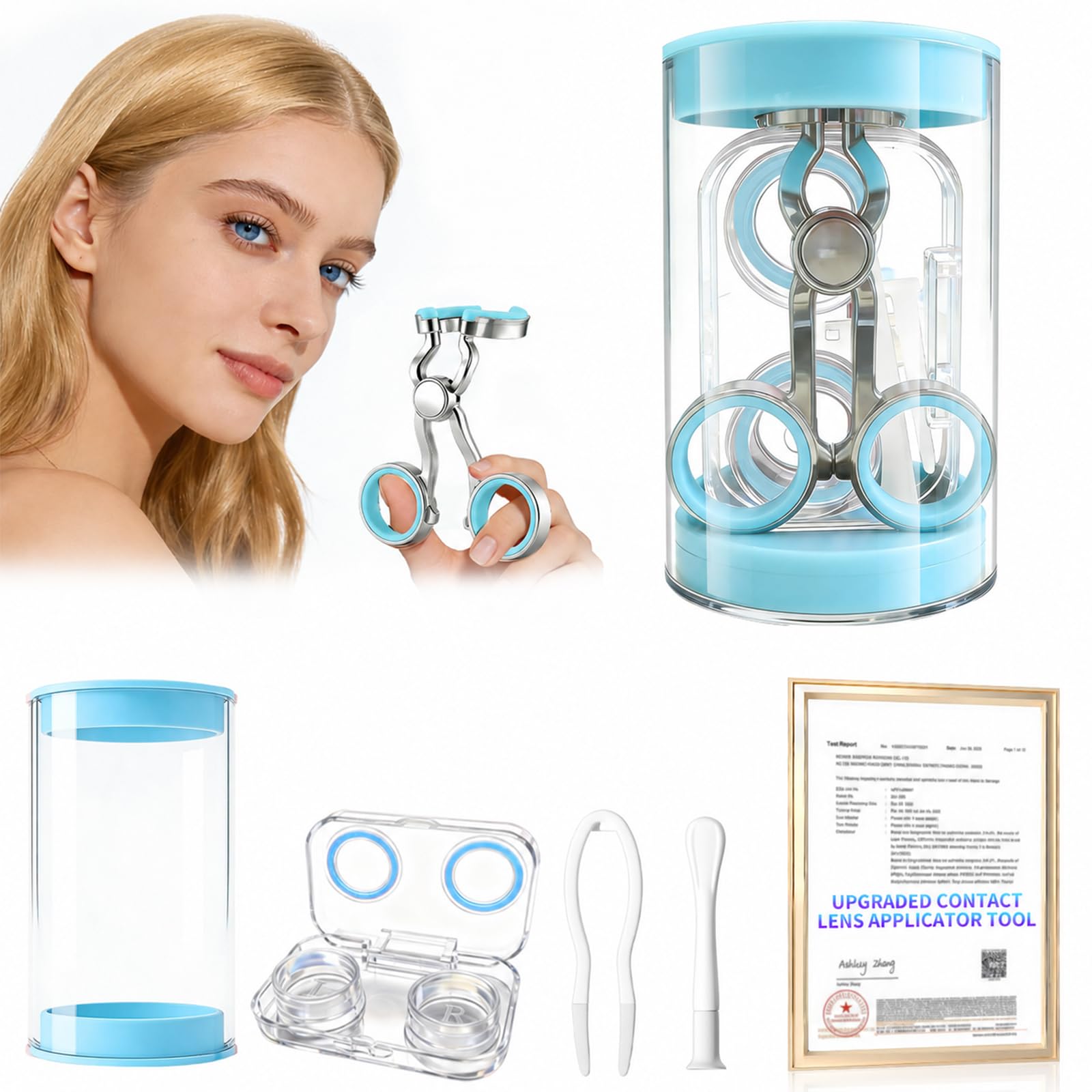 2026 Upgraded Contact Lens Applicator Tool【3-Step Easy Wear】【3.0 Precision Alloy &amp; Natural Silicone】 (Blue)