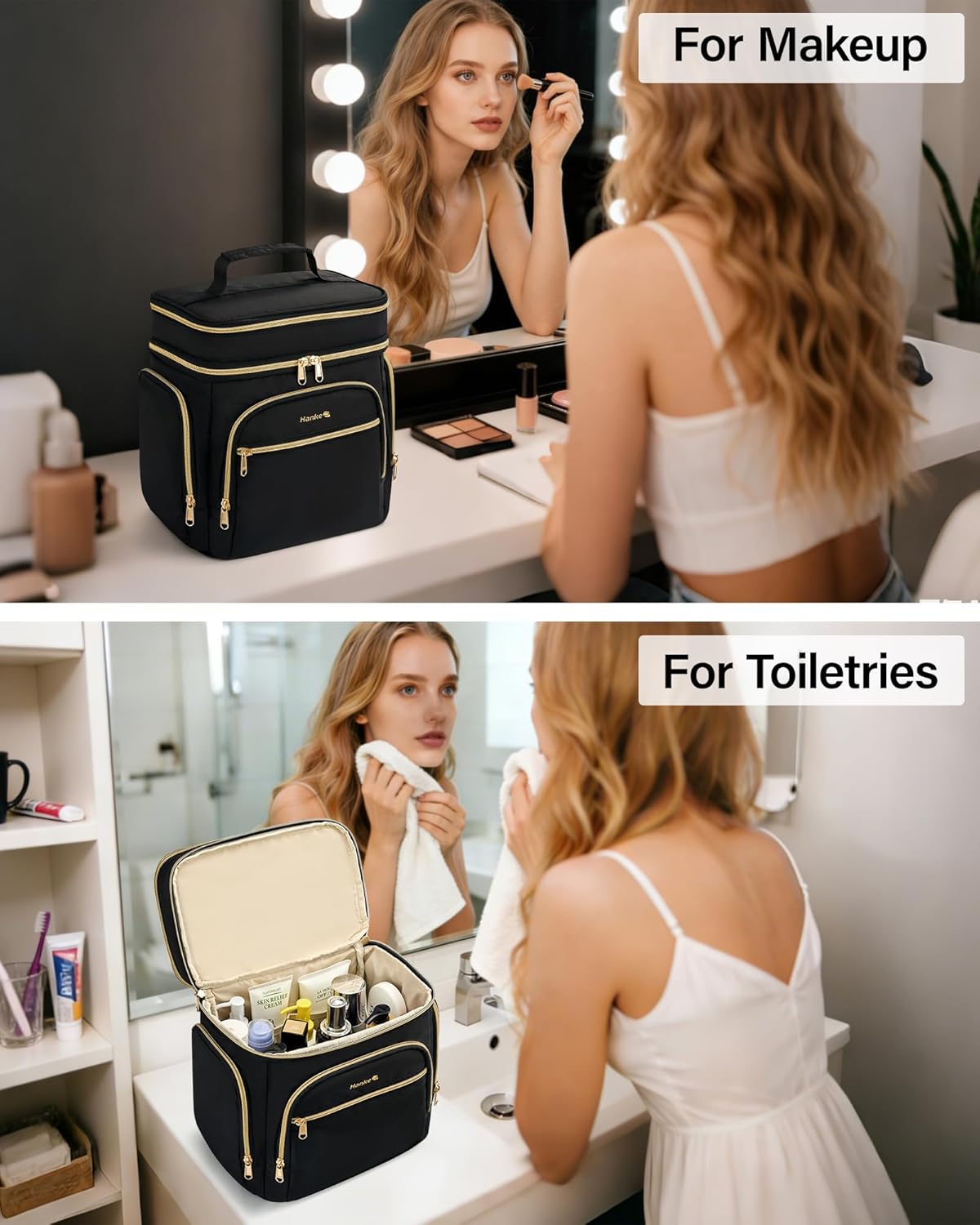 Hanke Large Toiletry Bag for Women Travel, Double Layer Organizer with Wide Opening for Full-Size Cosmetics & Toiletries, 12.2L Water-Resistant Makeup Bag,Pink - Image 9