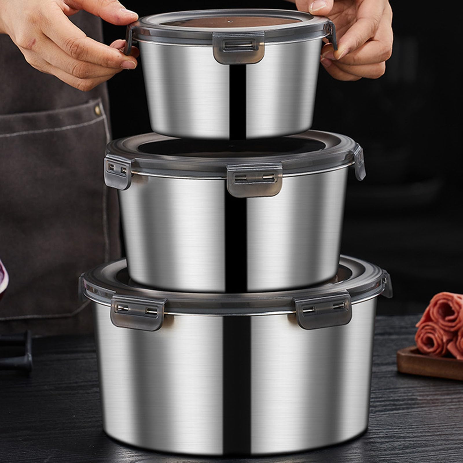 5 Stück Edelstahl-Lebensmittelbehälter, tragbare Lunchbox mit Deckel, stapelbare runde Aufbewahrungsschalen für Zuhause und draußen, stapelbare Lebensmittelaufbewahrungsschalen