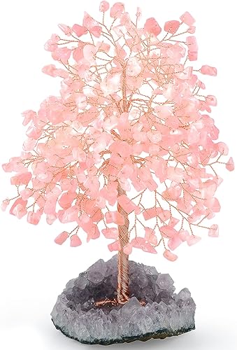 Miniatura 8 de Árbol de la vida con piedras preciosas de cristal, cuarzo rosa natural (conteo de 406 piedras) con base de racimo de amatista, energía positiva para