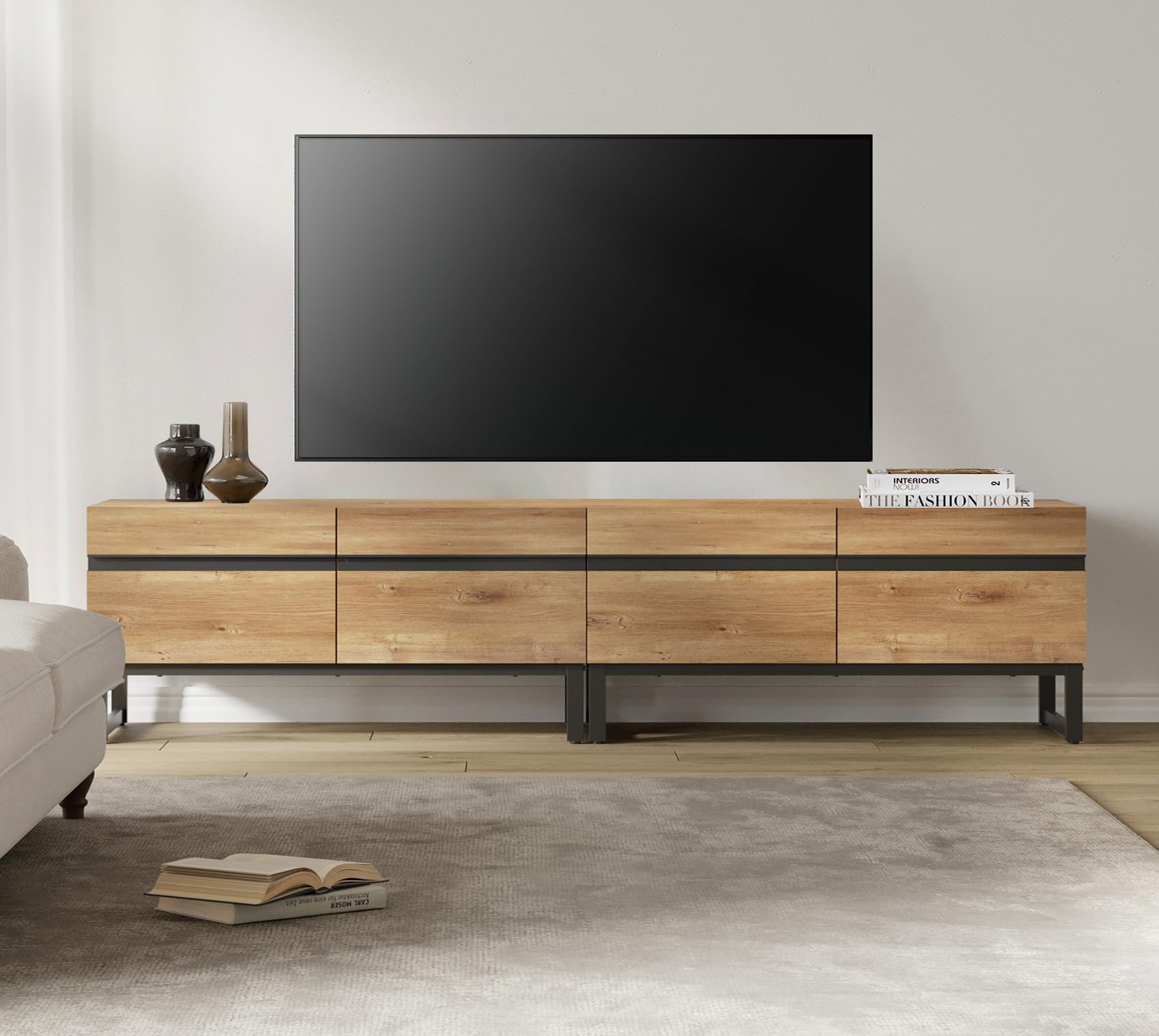 WAMPAT Modern TV Stand with Storage Cabinets for 75 Inch TV, Wood Entertainment Center Media Console Table with Metal Leg for Living Room Bedroom, Oak