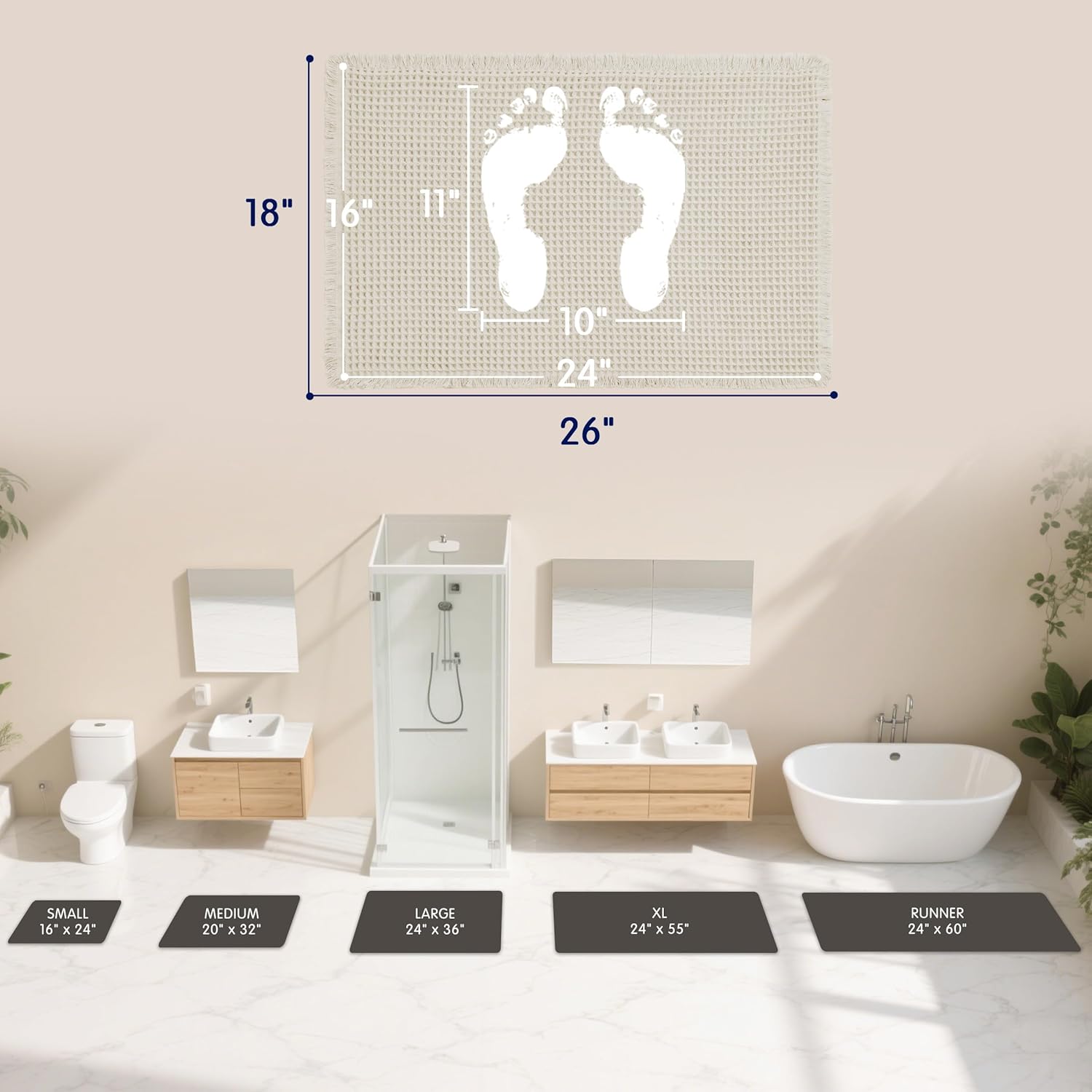 SUBRTEX Waffle Braided Bath Mat, 16" x 24" Soft Waffle Bath Rugs, Absorbent Non Slip Bathrooom Mats, Machine Washable Area Rug for Bathroom, Quick Dry, Off White - Image 2