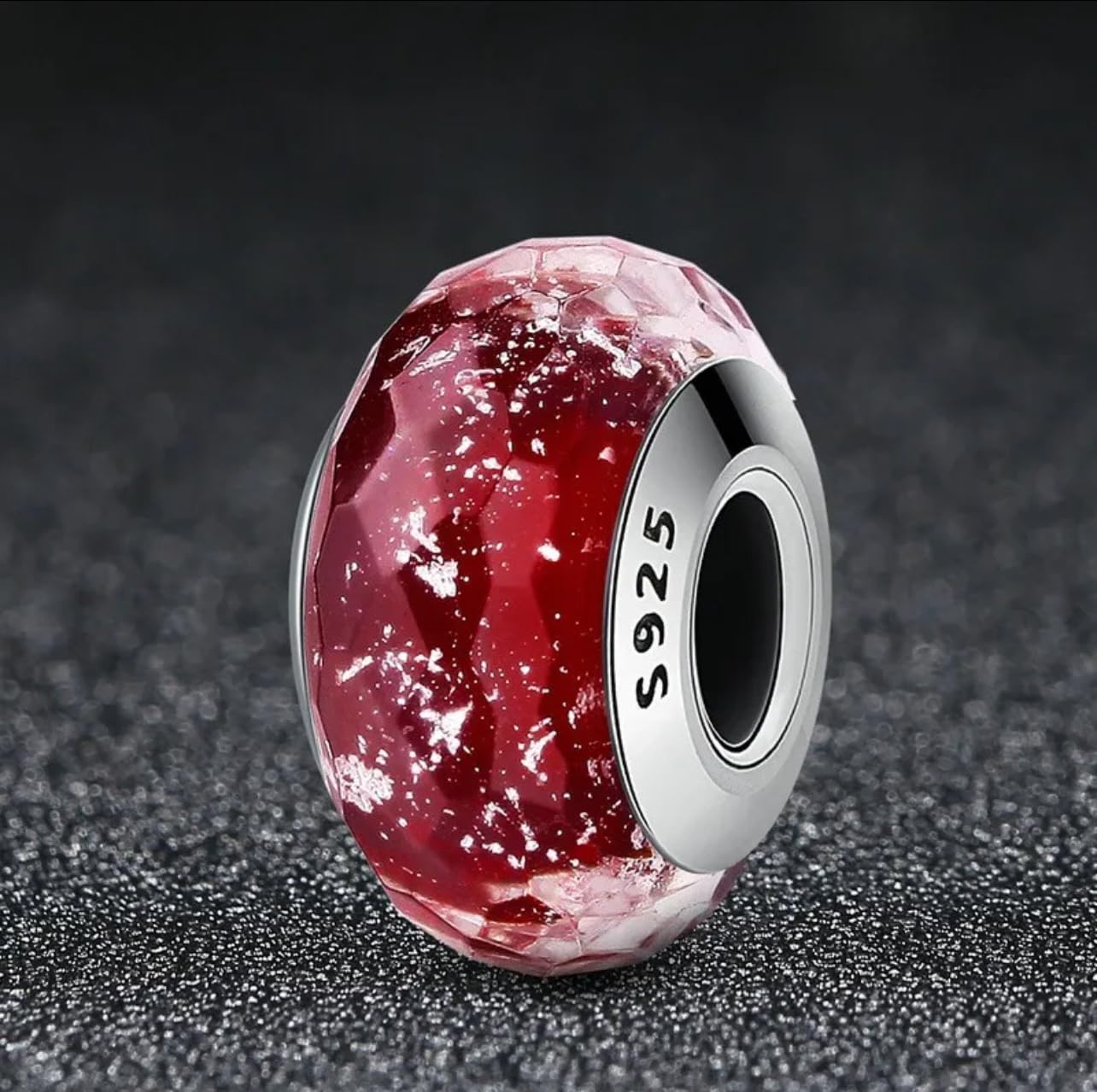 Charm-Anhänger aus rotem glitzerndem Glas, echtes 925er-Silber, kompatibel mit