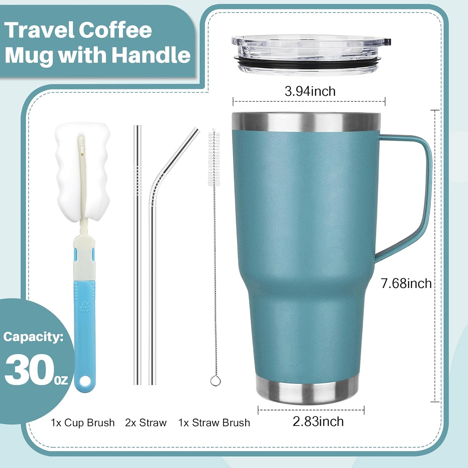 30 oz Tumbler with Handle, Stainless Steel Insulated Tumbler with Lid and Straw, Double Wall Vacuum Coffee Mug Tumbler, Insulated Coffee Thermal Cup for Cold and Hot (Maya Blue) - Image 2