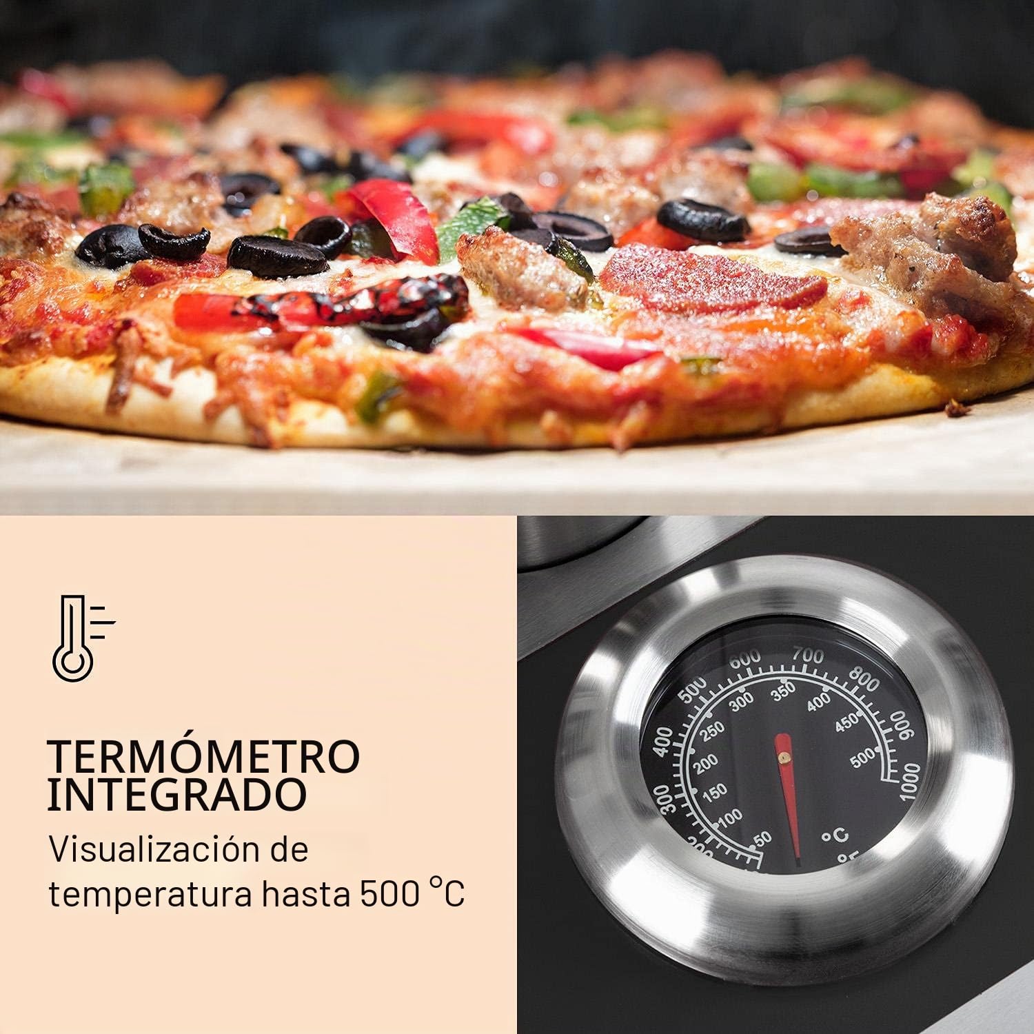 Klarstein Diavolo - Horno de pellets para pizza, Piedra para pizza de 13'' (33 x 33 cm), Termómetro 430 °C, Bandeja de goteo, Empujador, Accesorios carne, Asa plegable, Acero inoxidable, Antracita