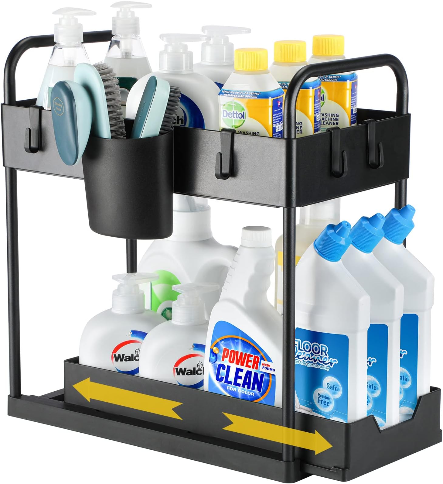 Under Sink Organizers and Storage, Pull-out Bathroom Organizer Countertop & under Sink with Hanging Cup & 4 Hooks, Multi-purpose Cabinet Organizer for Kitchen & Pantry Organization and Storage, Black