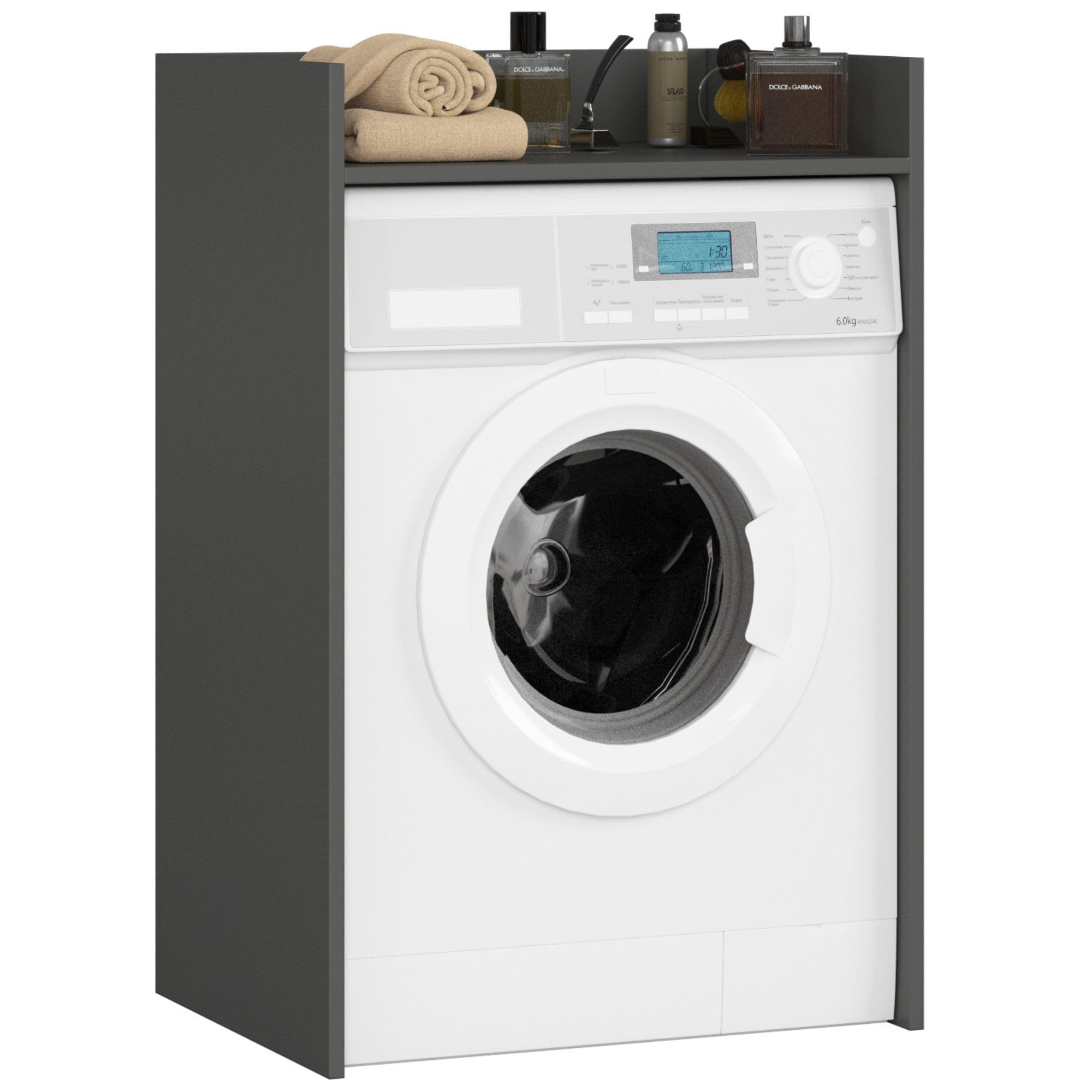 AKORD Waschmaschinenschrank 64cm geeignet für Waschmaschine & Wäschetrockner, Waschmaschinenschrank 64cm Überbauschrank, Badezimmermöbel Größe 64x98x50 cm, Graphitgrau & Graphitgrau