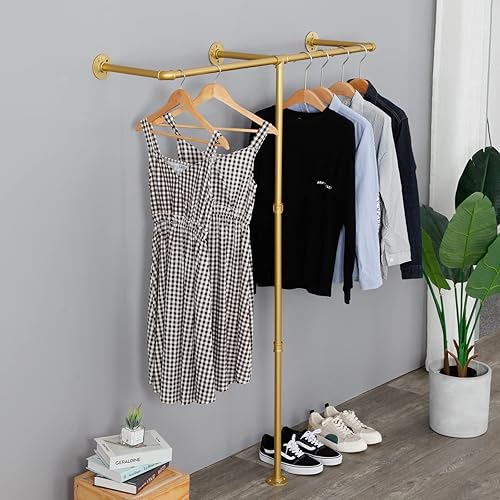 Vista 4 de Perchero industrial de tubería, resistente montado en la pared, barra de ropa de hierro negro, estante de exhibición minorista, organizador de ropa