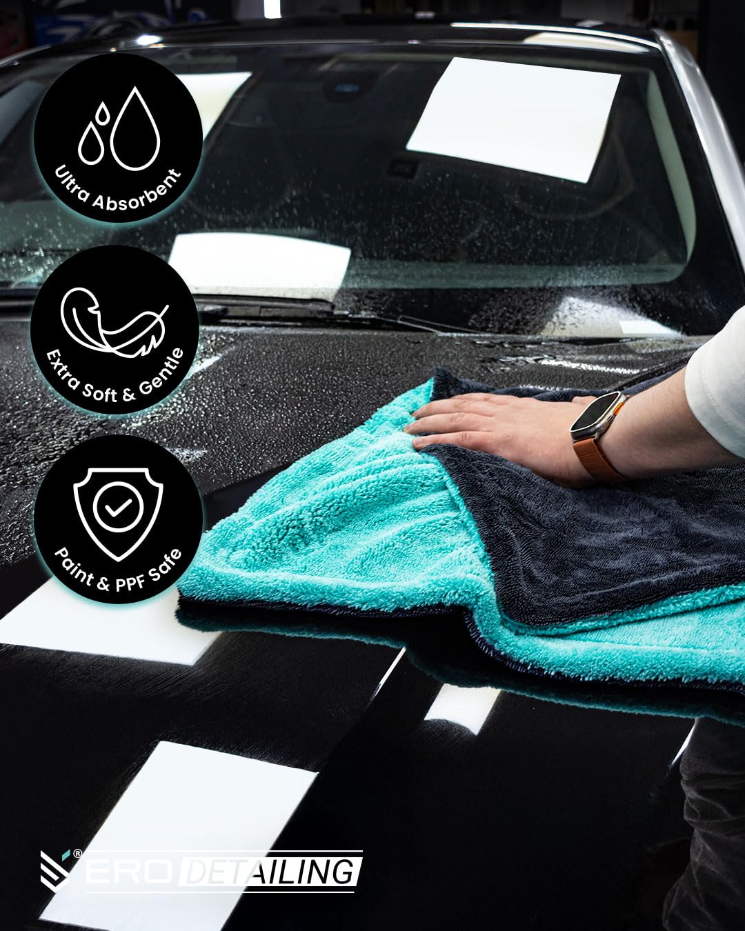 Aqua Hybrid - Asciugamani per auto in microfibra ultra assorbente, 1200 g/m², XXL, 60 x 90 cm, tessuto ibrido intrecciato per dettagli professionali senza striature, antigraffio